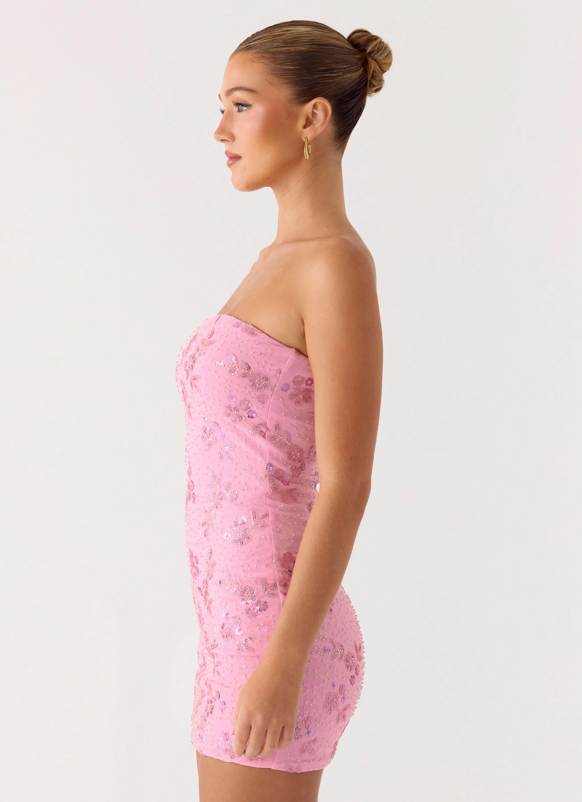 Push Back Beaded Sequin Mini Dress - Pink