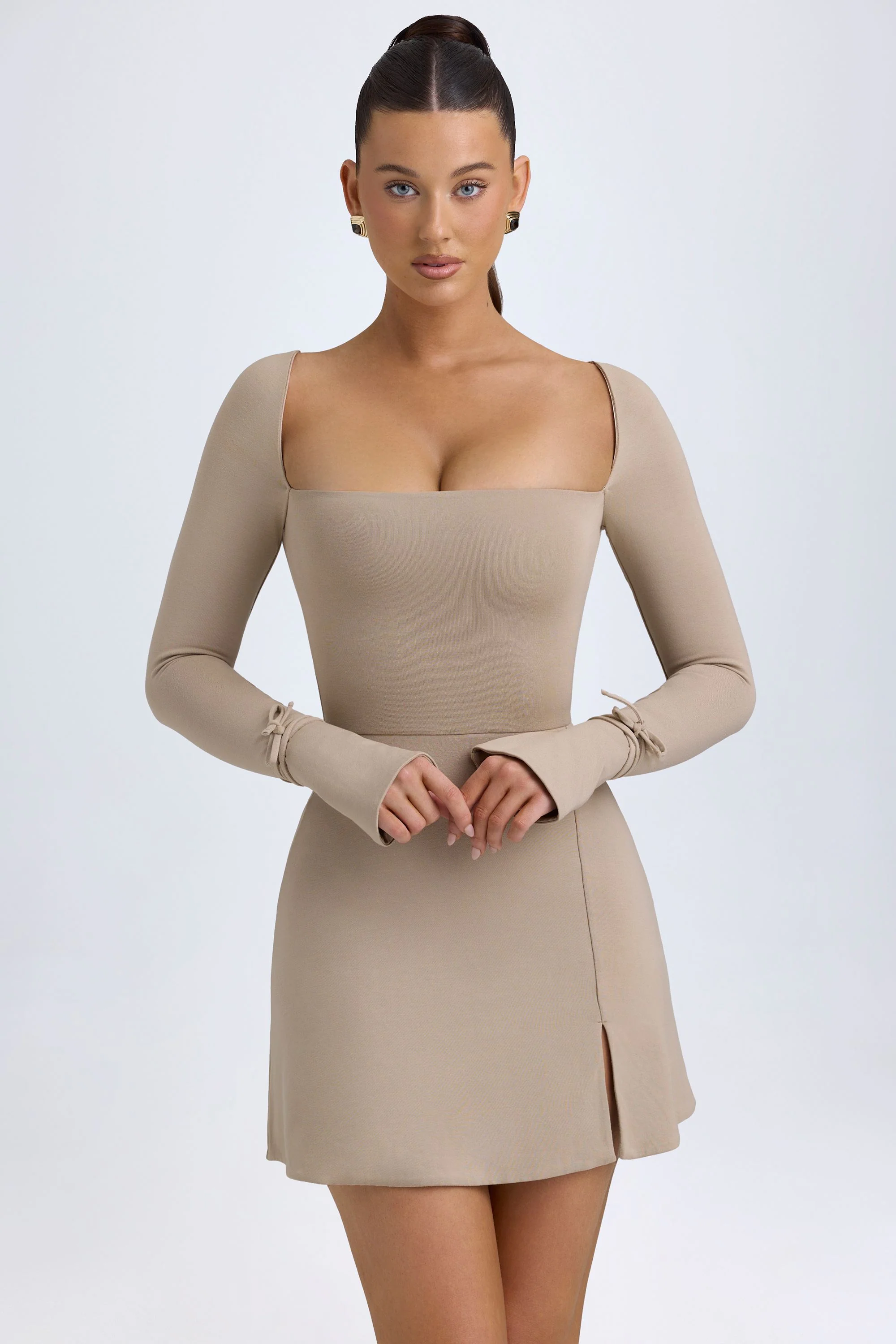 Square Neck Long Sleeve Mini Dress in Taupe