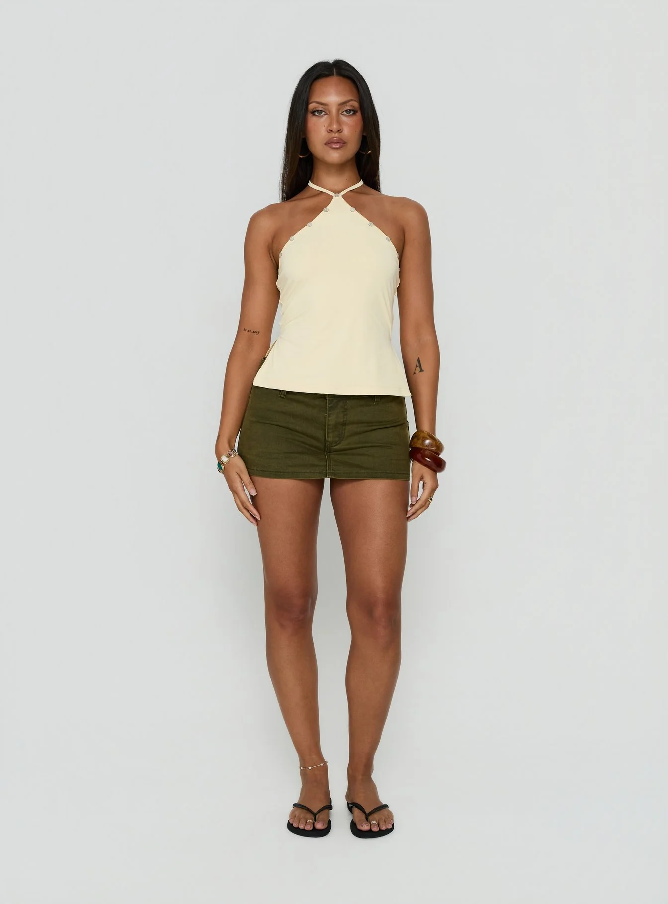 Eiva Arrowneck Button Detail Top Lemon
