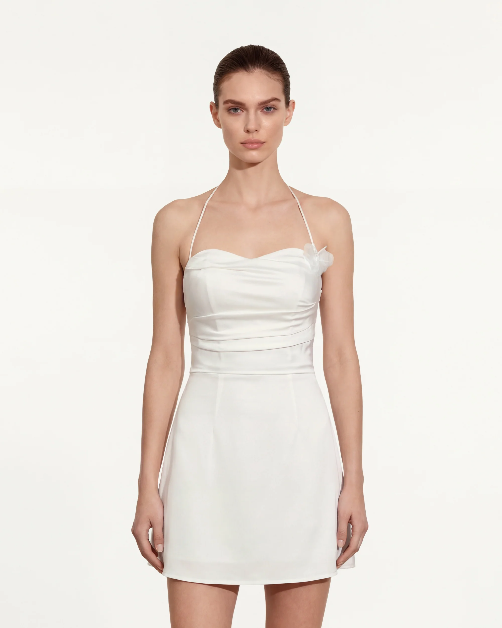 Floral Ruched Halter Mini Dress - White - FASHION NOB