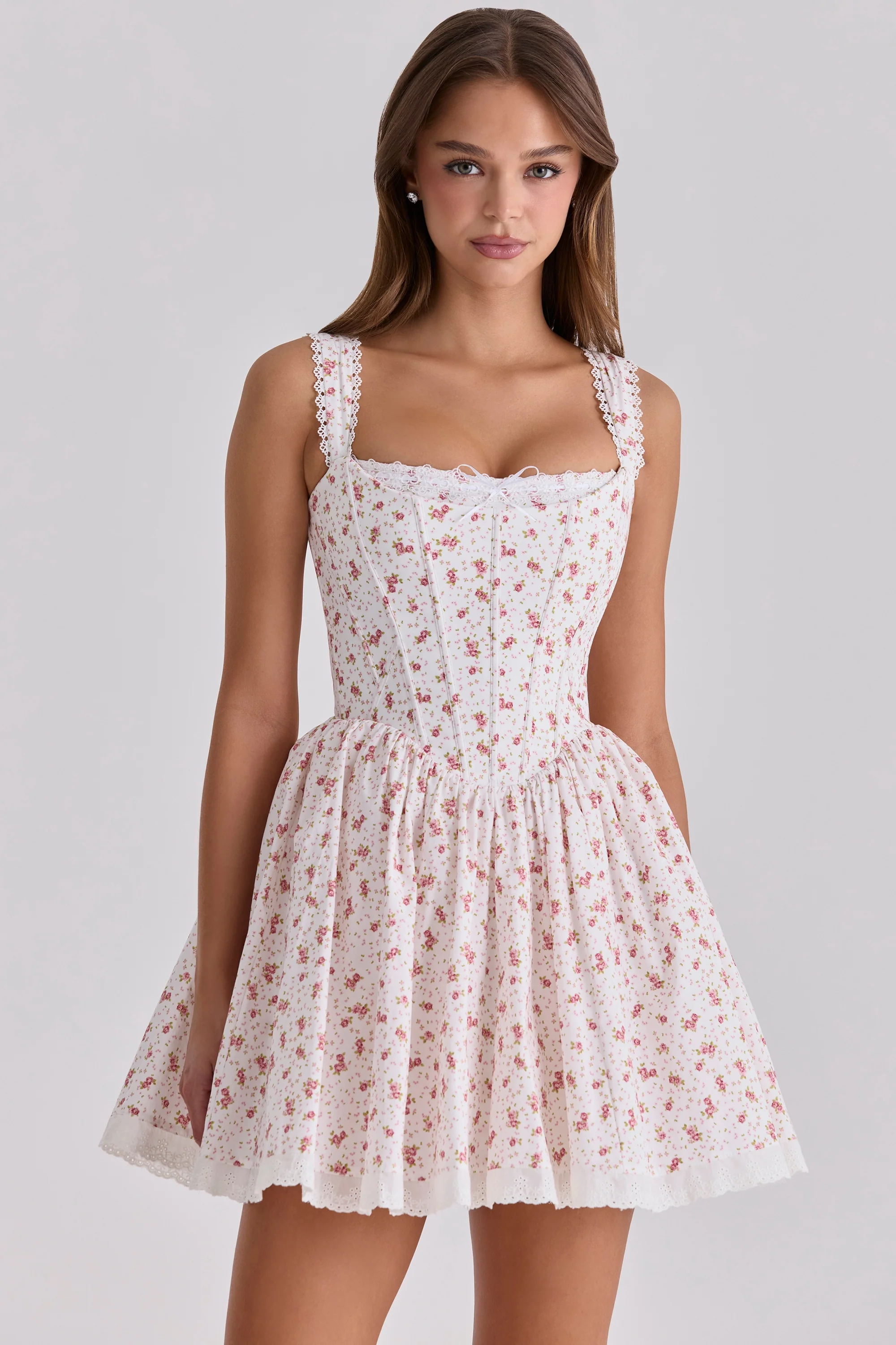White Rose Print Cotton Corset Mini Dress