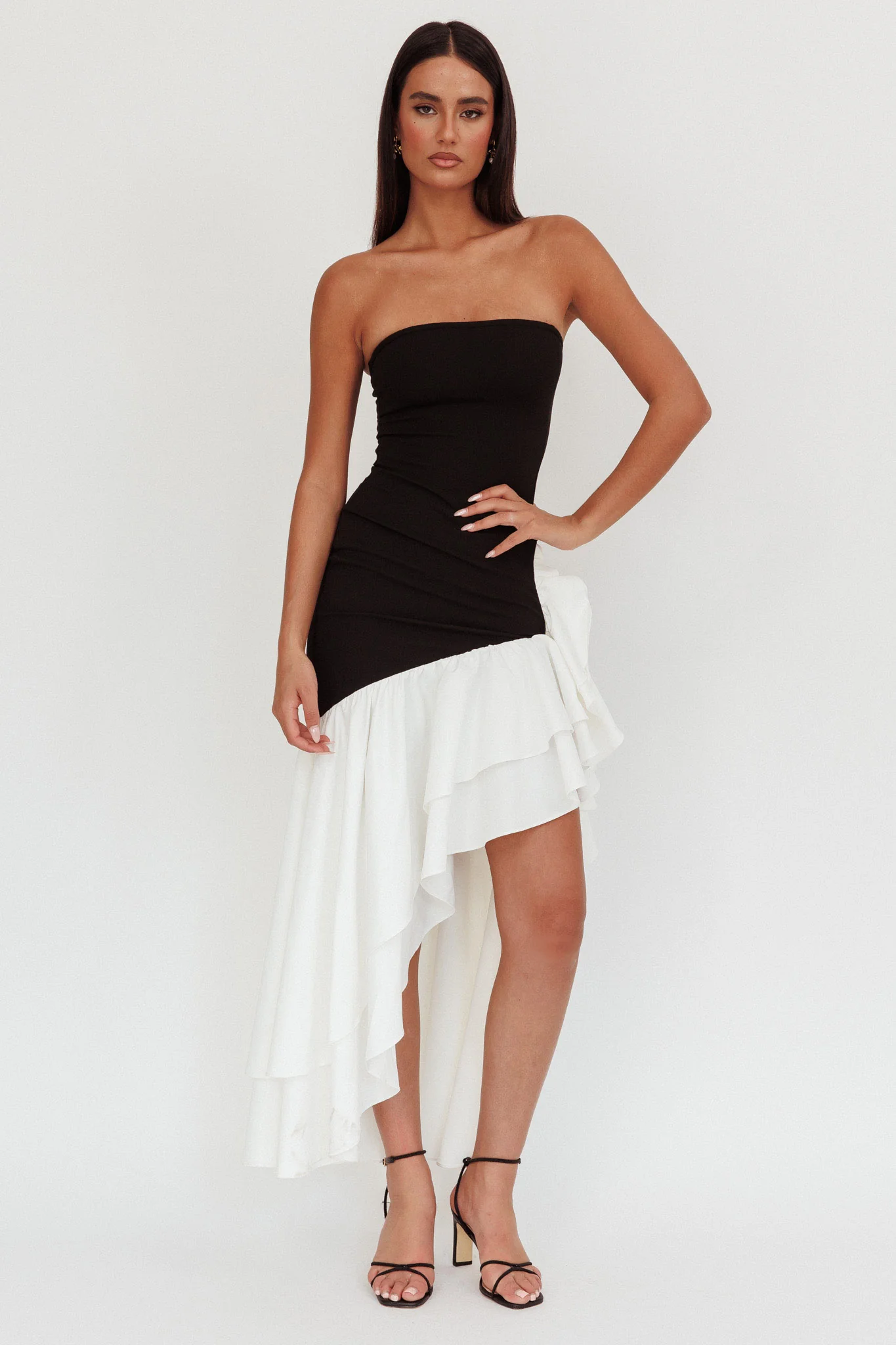 Cha Cha Strapless Thigh Split Dress Black/White - luluinthesky