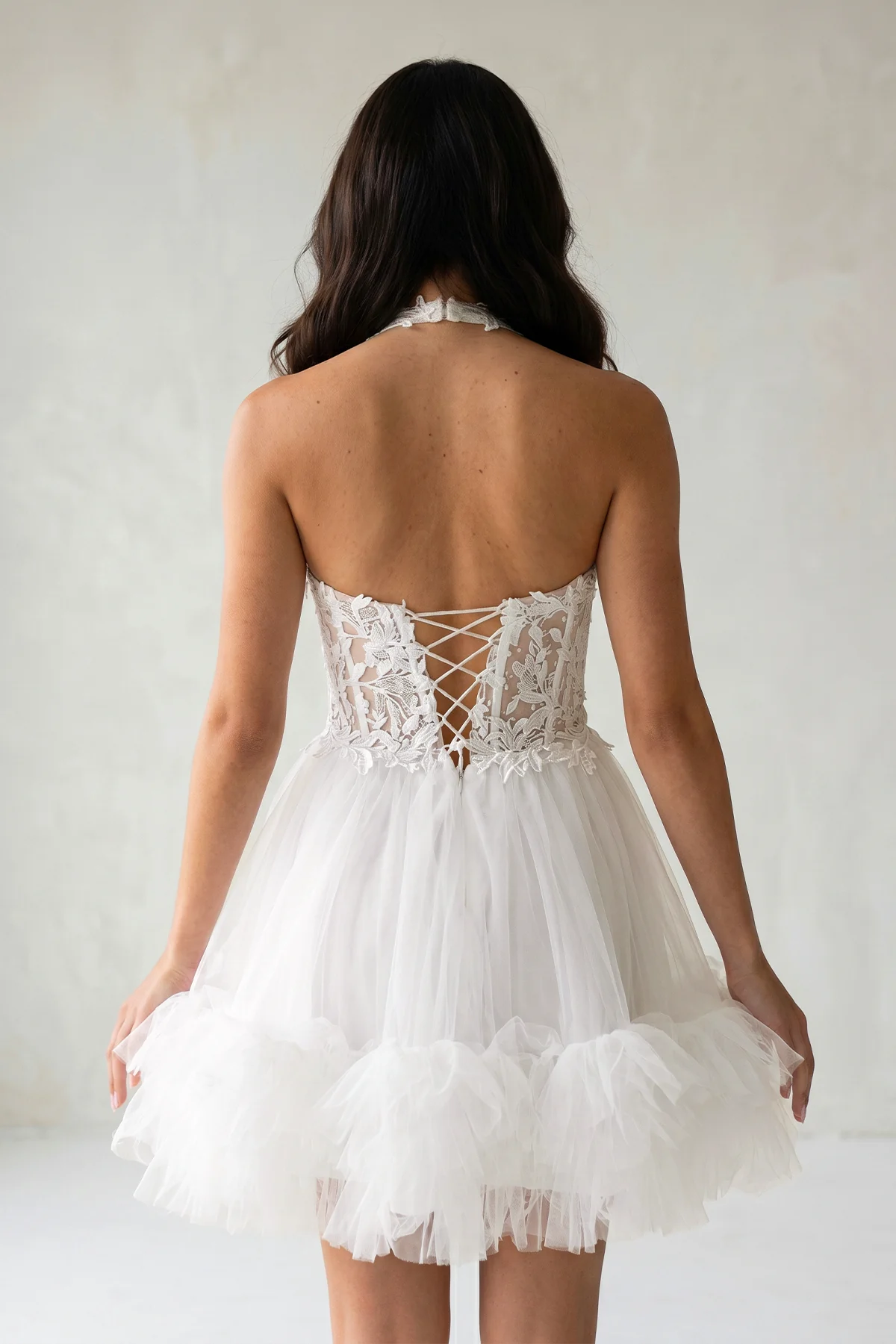White Halter Tulle Tiered A-Line Homecoming Dress With Lace Appliques