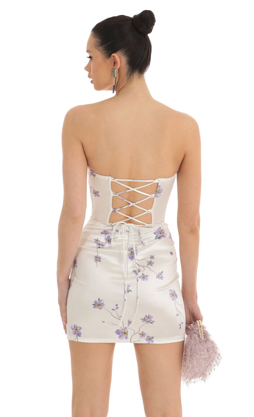 Satin Floral Lace Strapless Dress in White