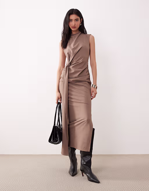 high neck sleeveless ruched knot front midi dress in mocha
