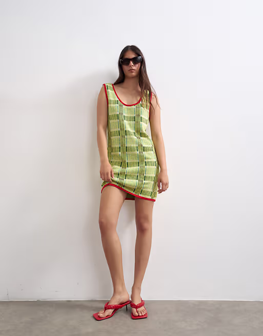 Topshop knit sleeveless plaid mini dress in green