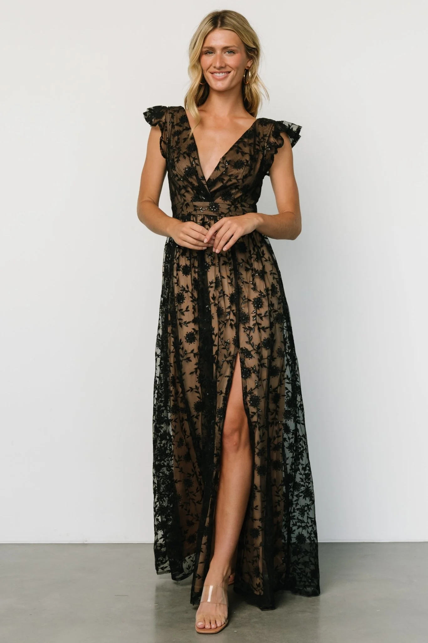 Alexa Embroidered Sequin Maxi Dress | Black + Nude - luluinthesky