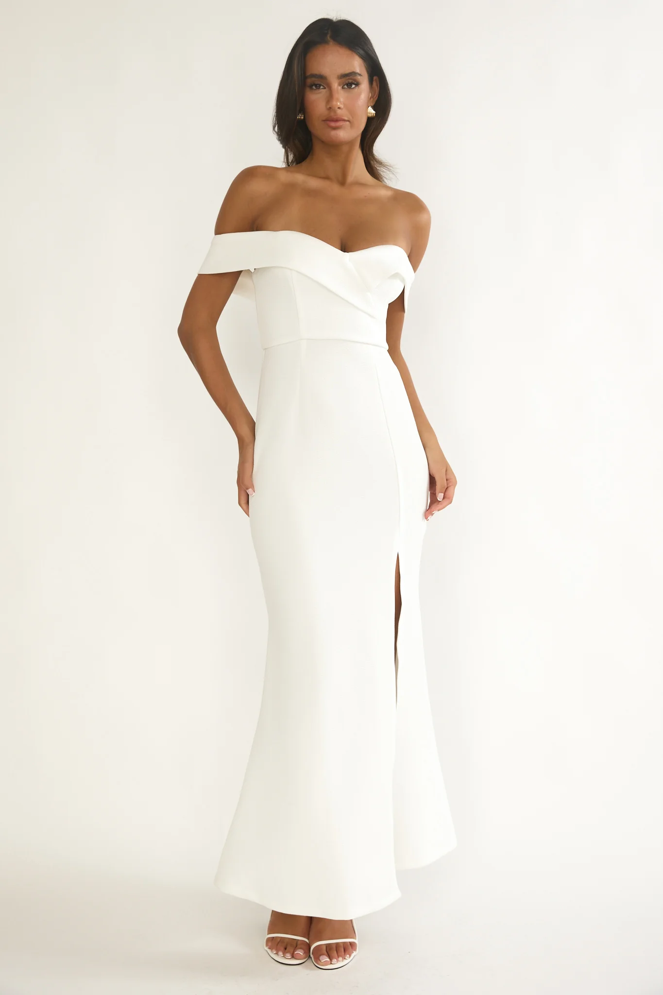 Rider Off-Shoulder Front Split Maxi Dress White - luluinthesky