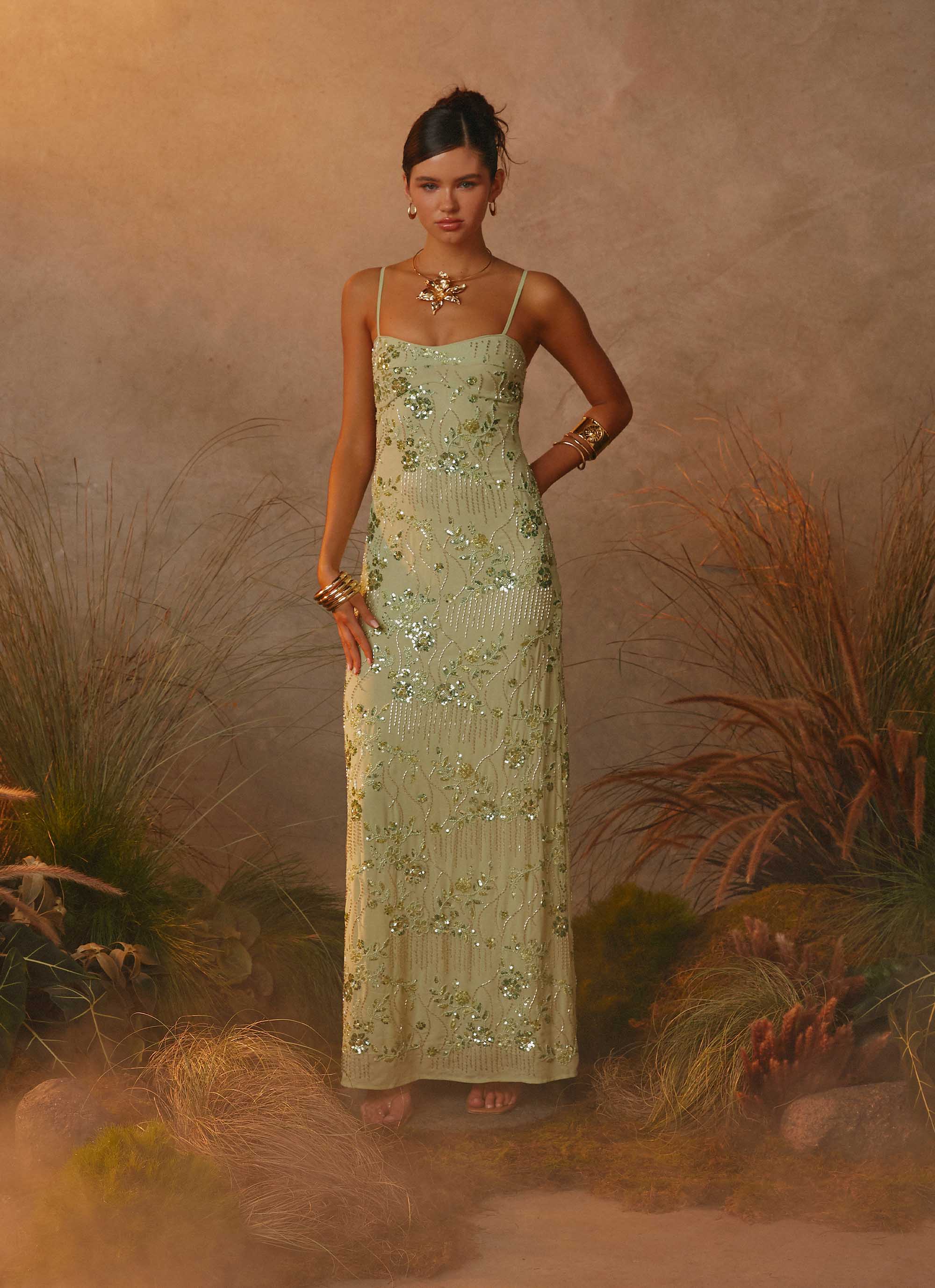 Celandine Beaded Maxi Dress - Lime - luluinthesky