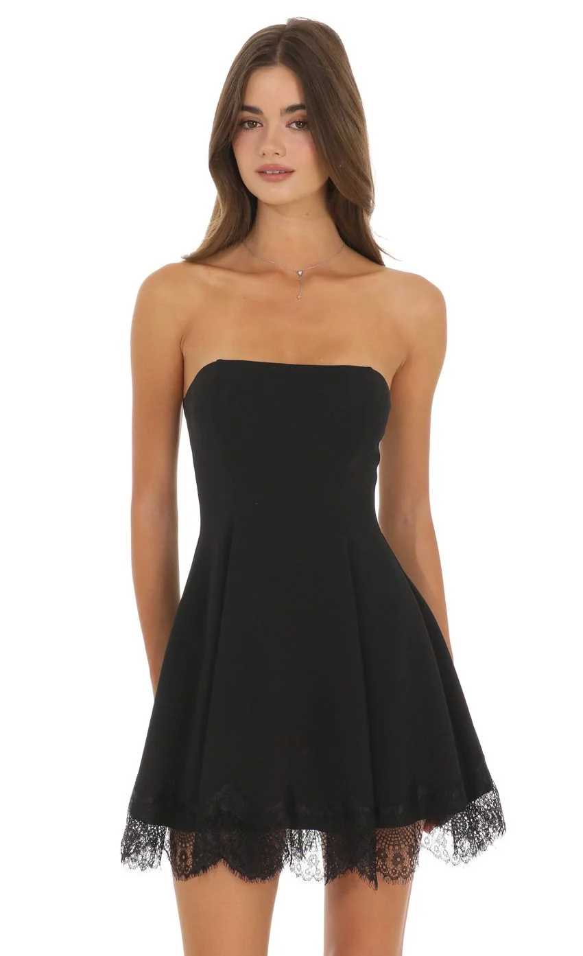 Strapless Dress with Lace-trim Hem in Black