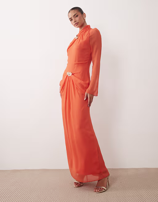 Daska ruched long sleeve maxi dress with gold-tone buckle detail in orange