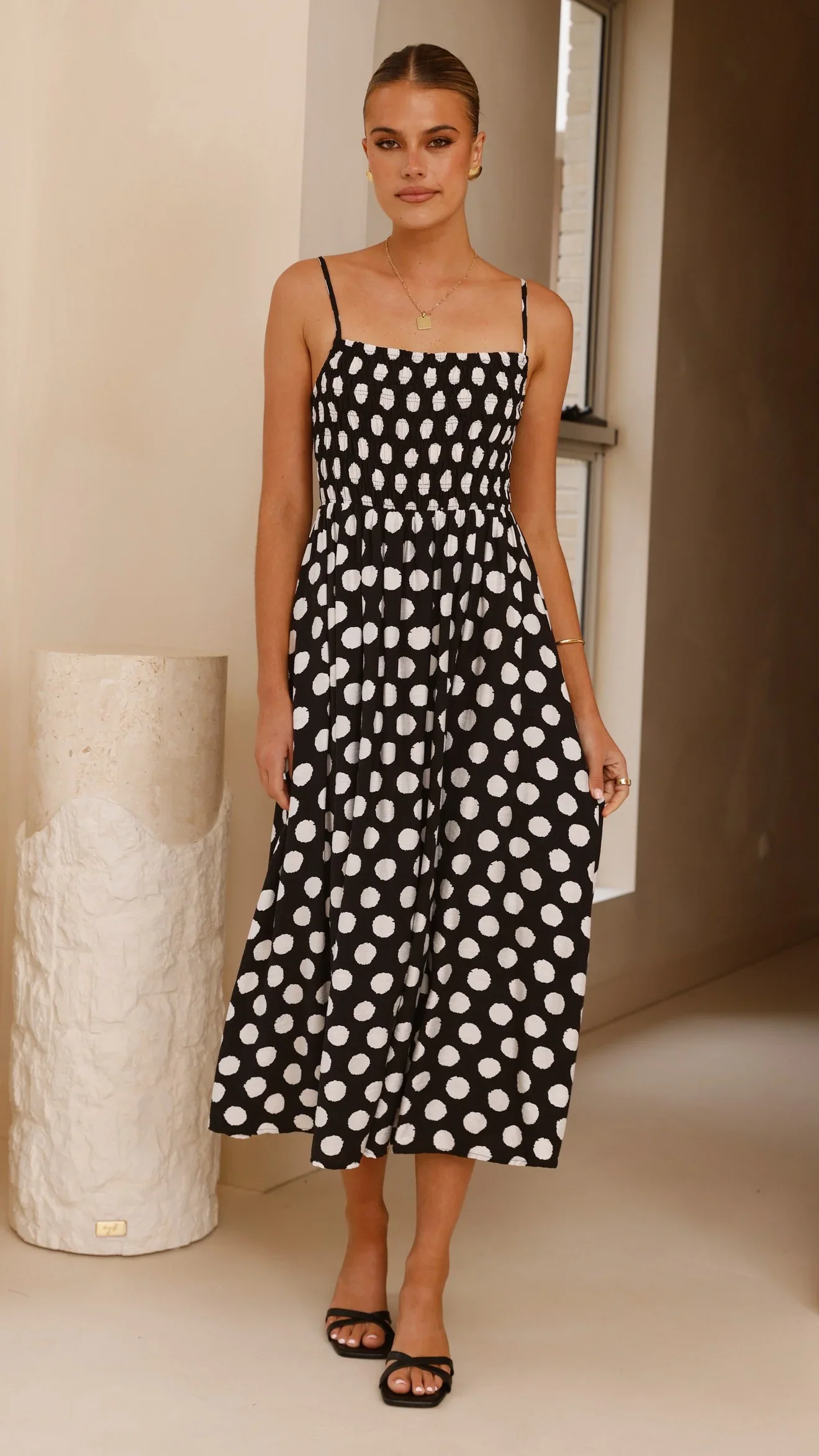 Roma Midi Dress - Black/ White Polka Dot