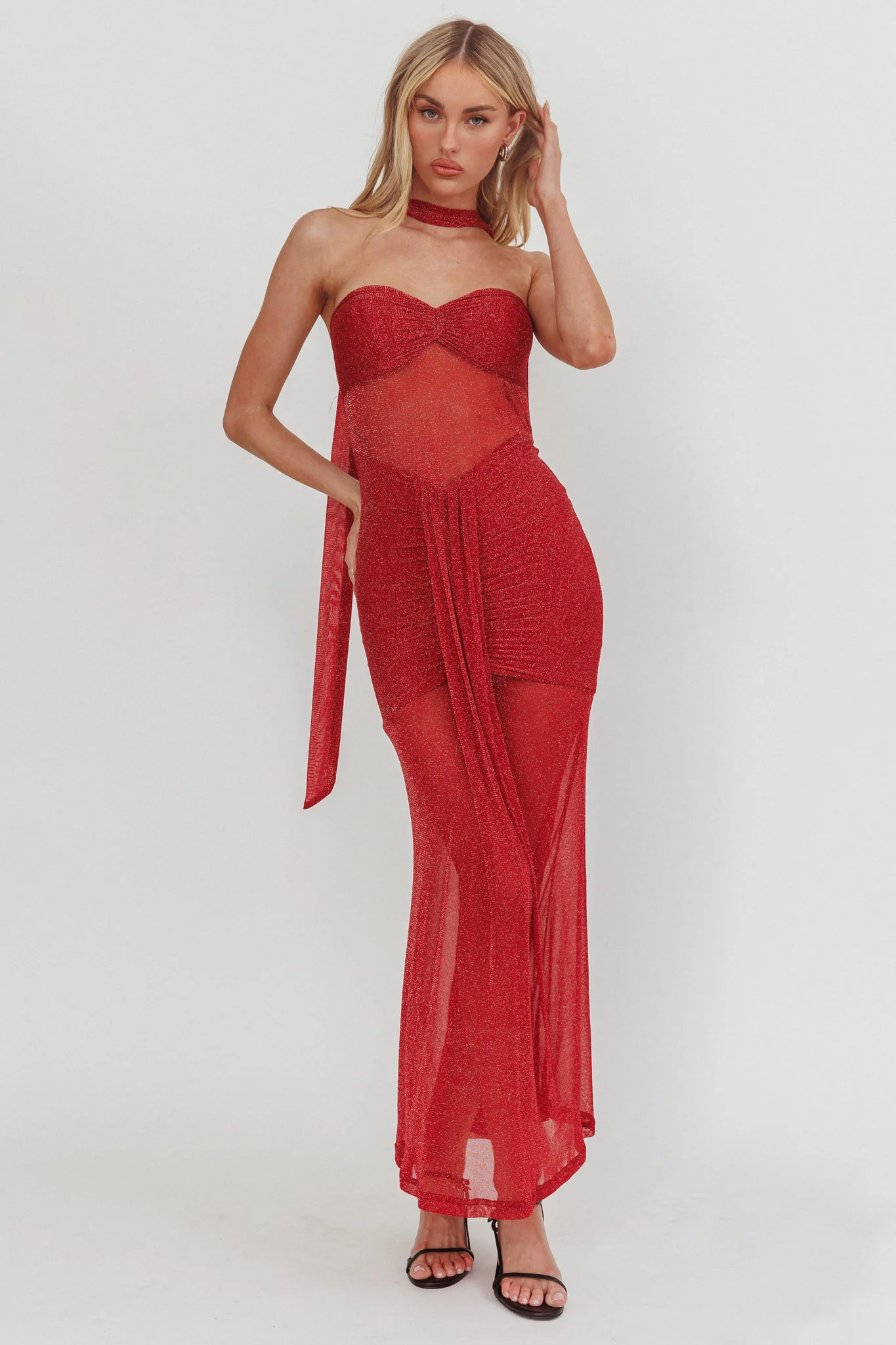 Elma Bandeau Sheer Shimmer Maxi Dress Red