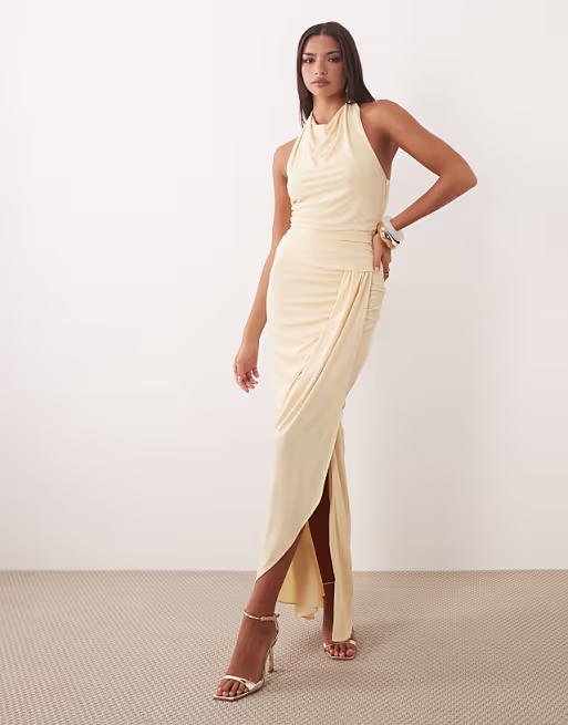 TFNC slinky cowl neck ruched backless ruched detail maxi dress in buttermilk