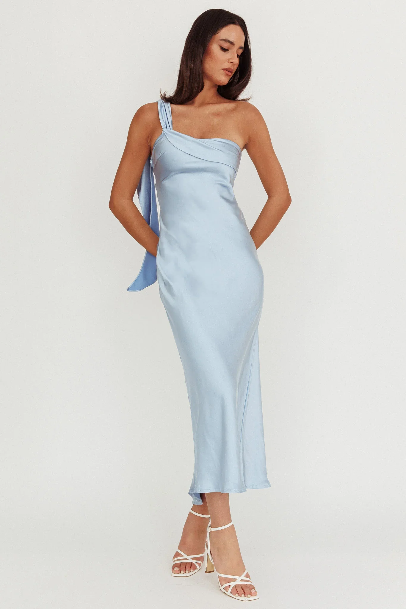 Carmel One-Shoulder Sash Maxi Dress Baby Blue