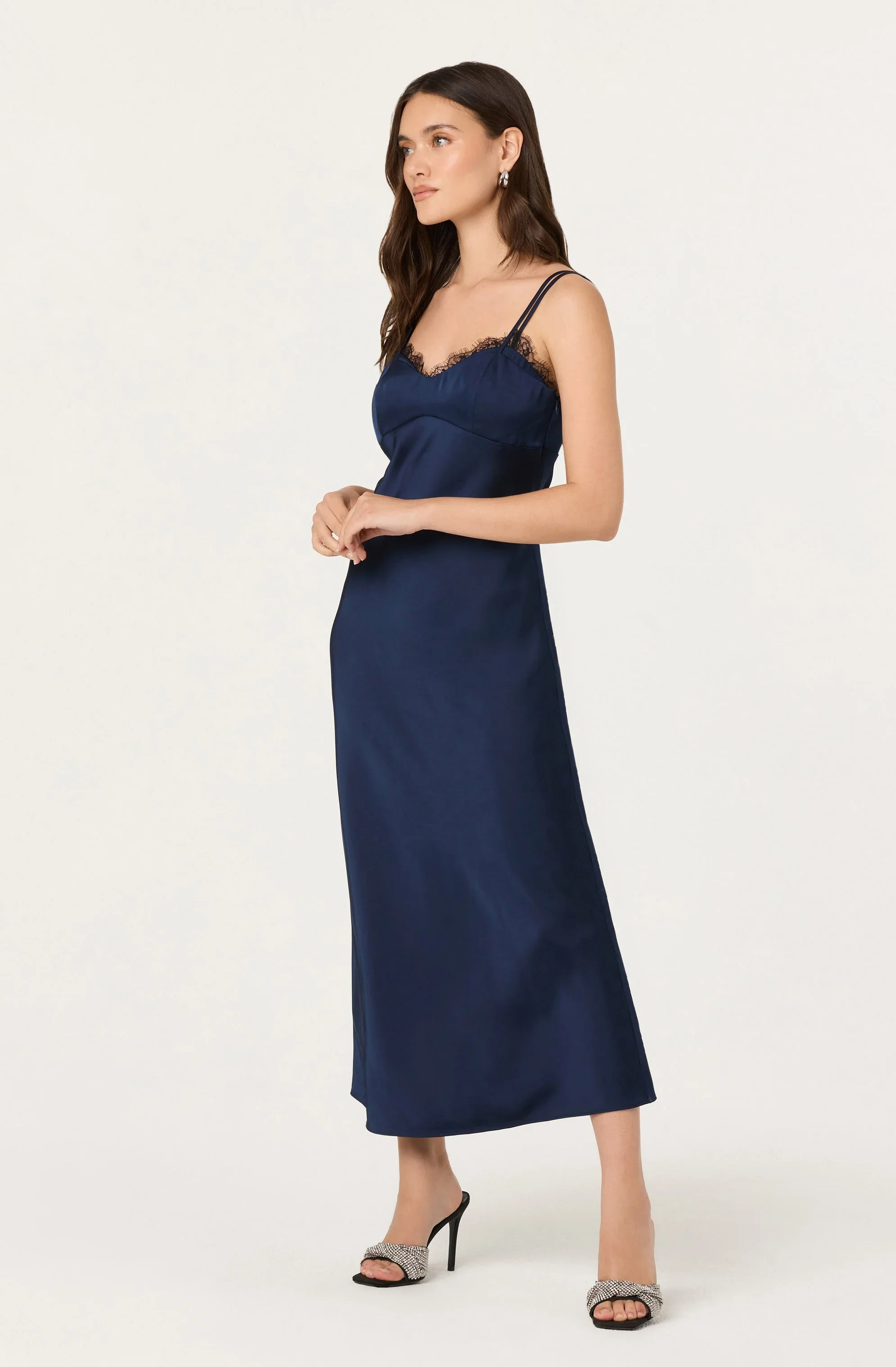 Nevaeh Satin Lace Trim Midi Dress