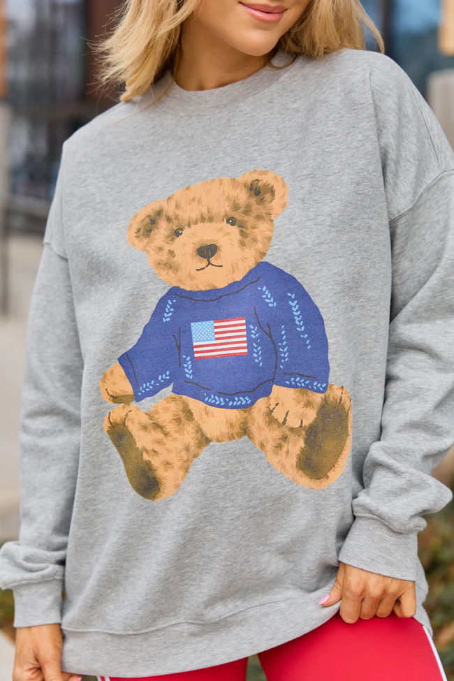 Vintage Teddy Bear Flag Light Grey Graphic Sweatshirt