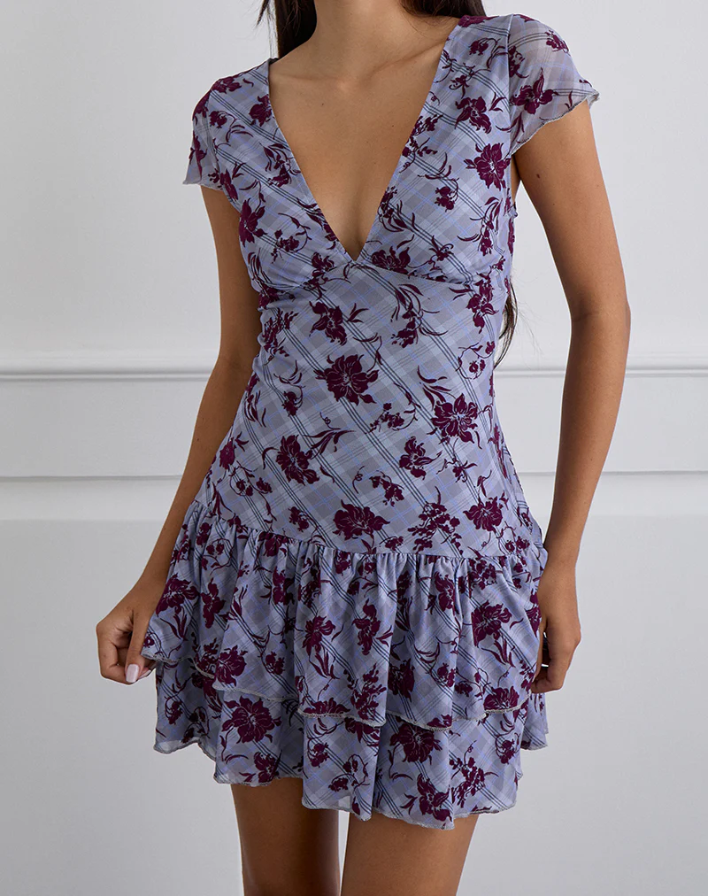 Elaya Dress in Lotus Flock Checked Lavender
