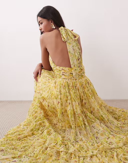 Lace & Beads halterneck tiered tulle maxi dress in yellow floral