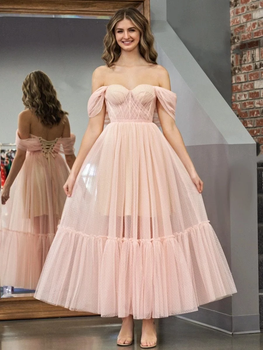 A-Line Tulle Sweetheart Tea-Length Homecoming Dress