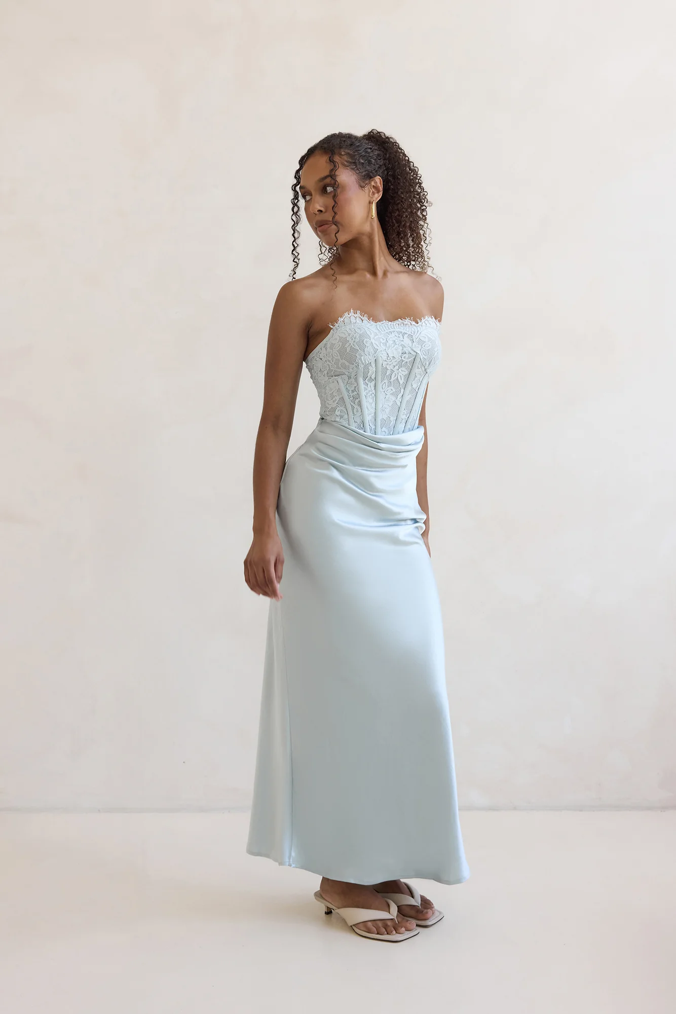 Away With You Satin Lace Strapless Maxi Dress Blue