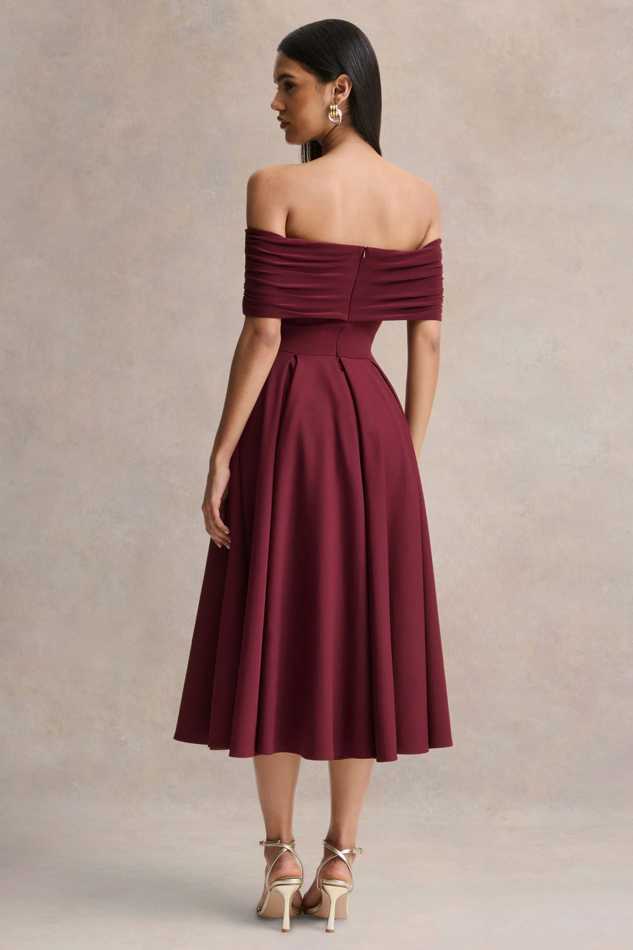Dearest | Burgundy Bardot-Neck Midi Dress