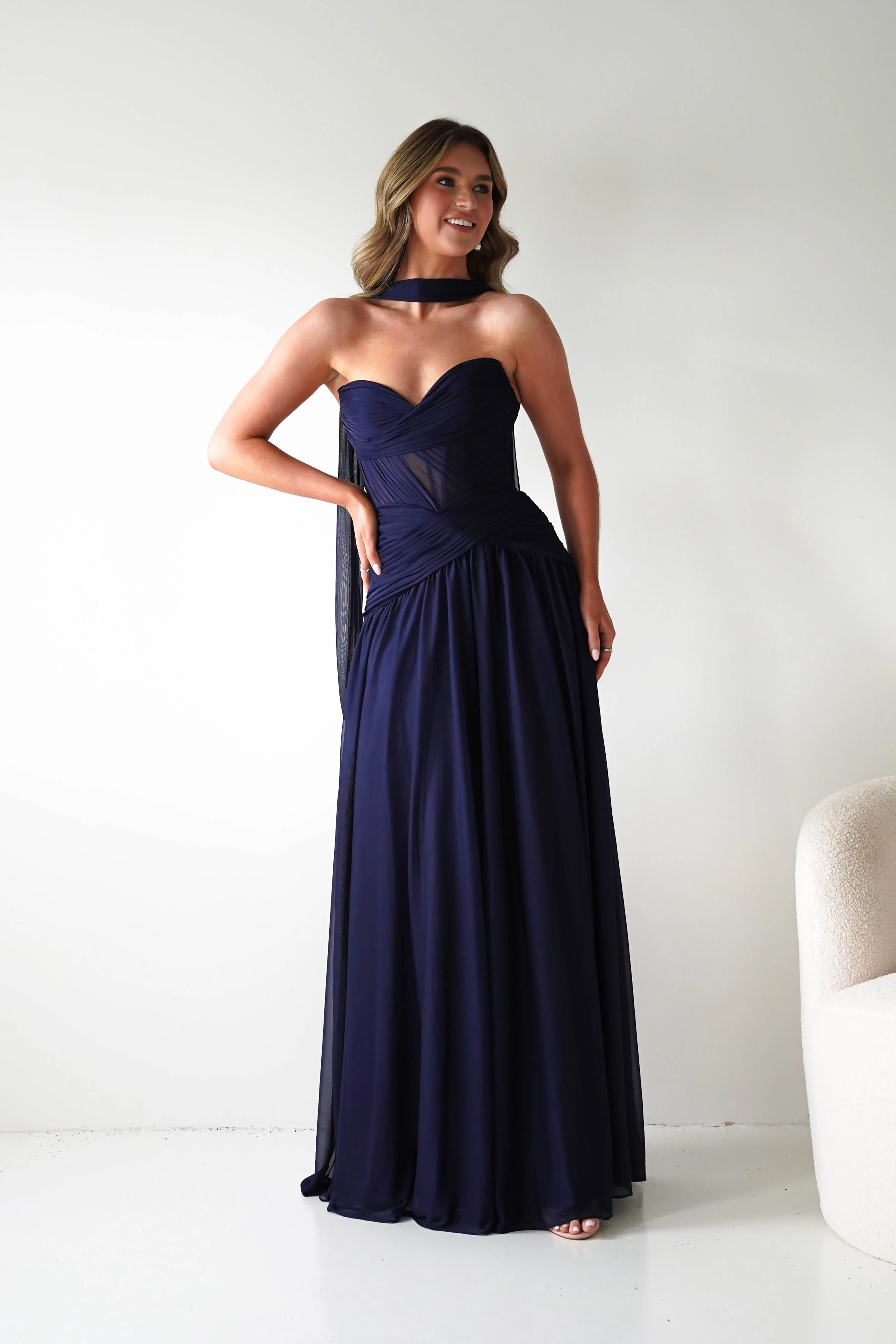 Nicolette Strapless Chiffon Maxi Gown | Navy