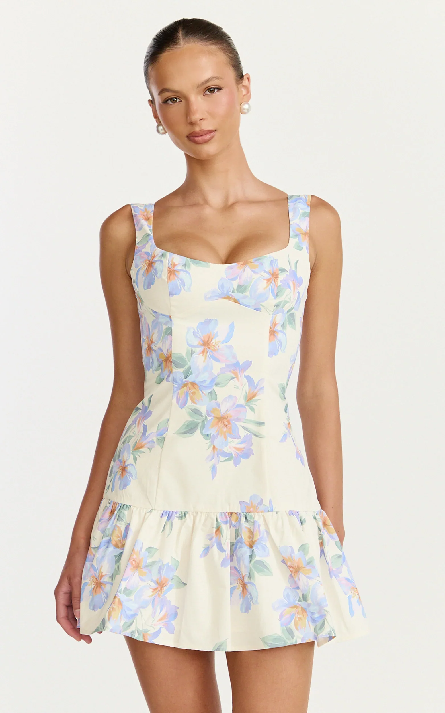 Astra Mini Dress - Balconette Bodice Drop Waist Dress in Astra Posey Floral Print