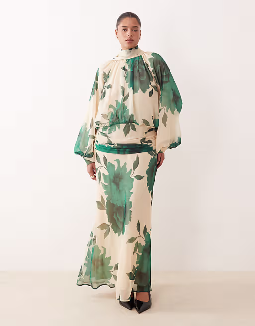 Curve high neck draped chiffon maxi dress with neck tie in green floral print