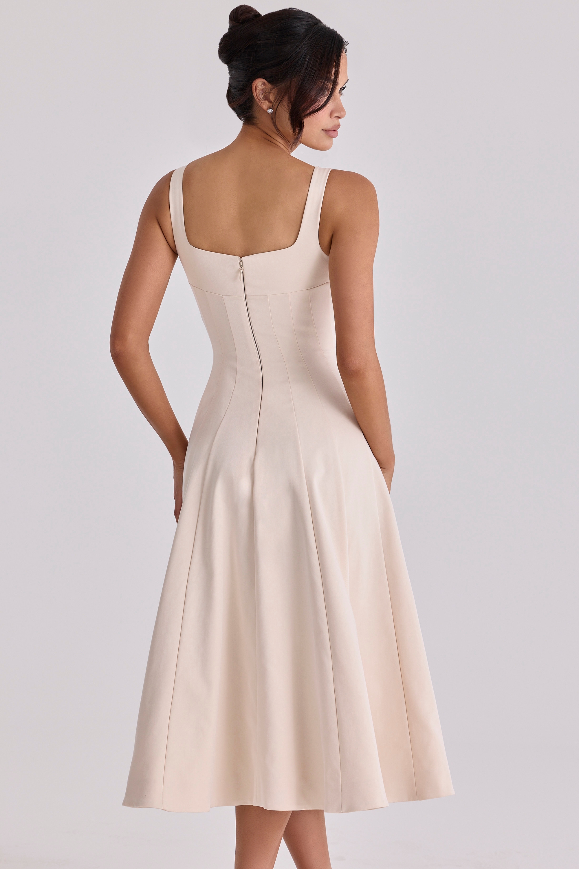 Vintage Ivory Twill Silhouette Midi Dress