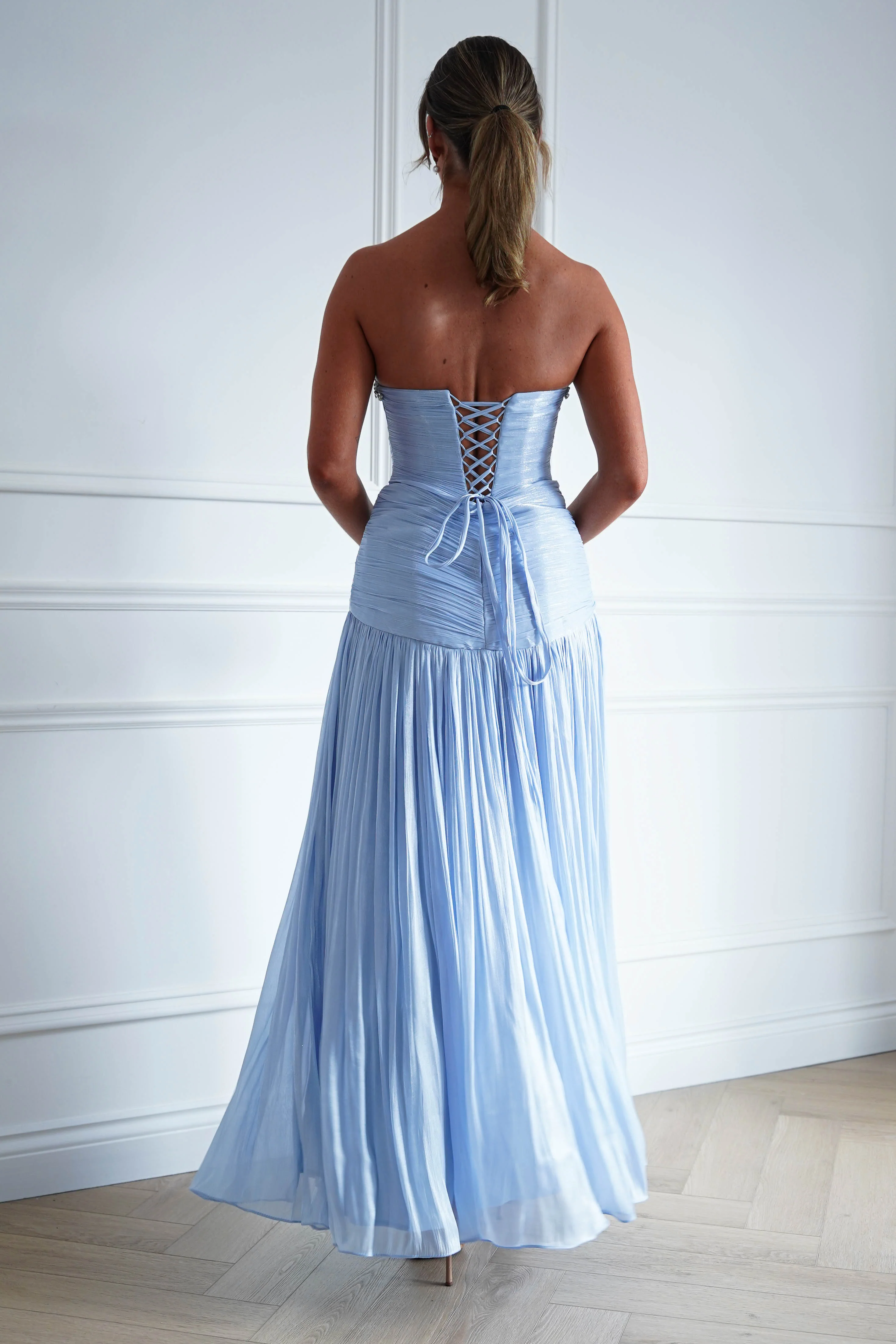 Estella Diamante Trim Ruched Maxi Gown | Blue