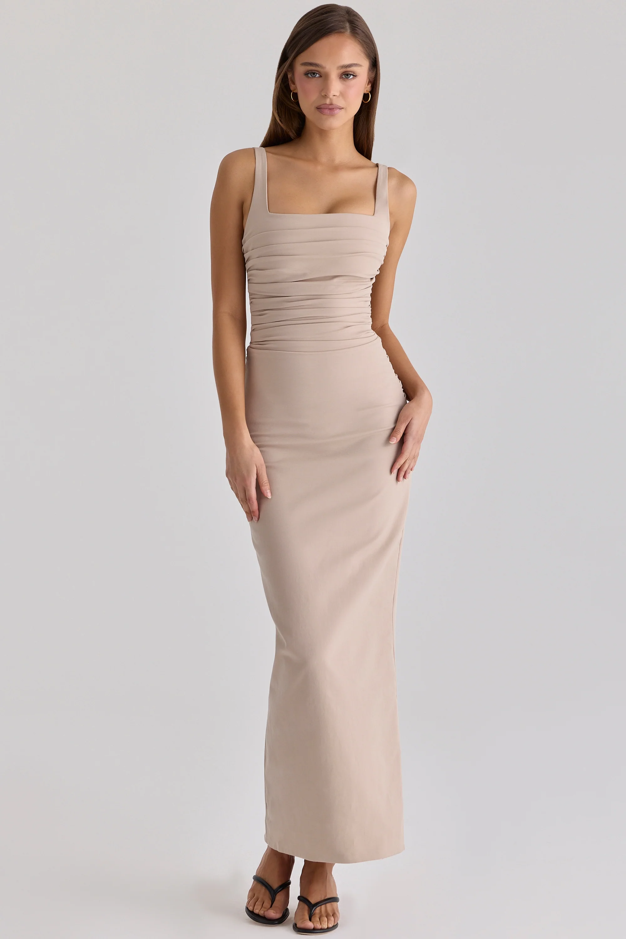 Taupe Stretch Crepe Ruched Maxi Dress