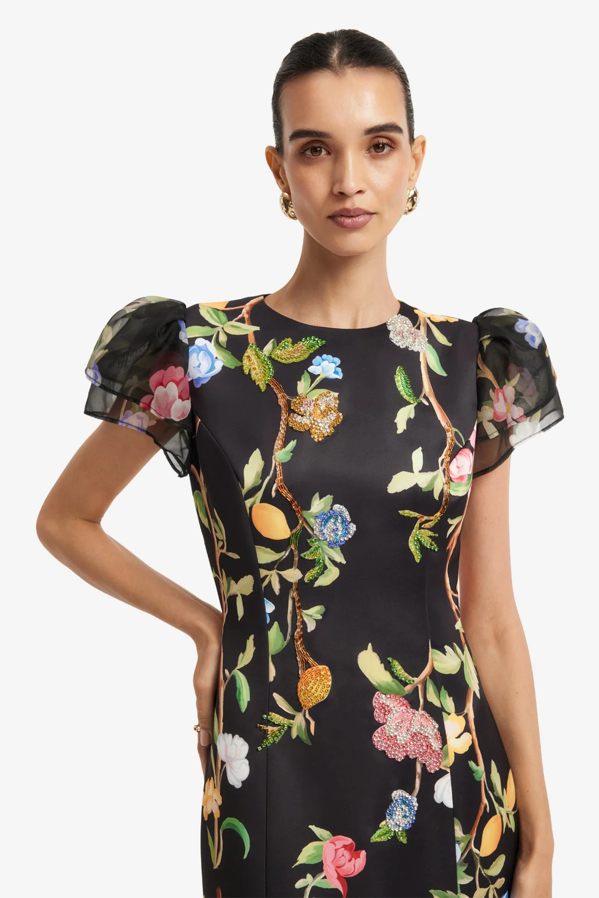 Sofia Embellished Puff Sleeve Maxi Dress - Lemon Vine Print in Ebony