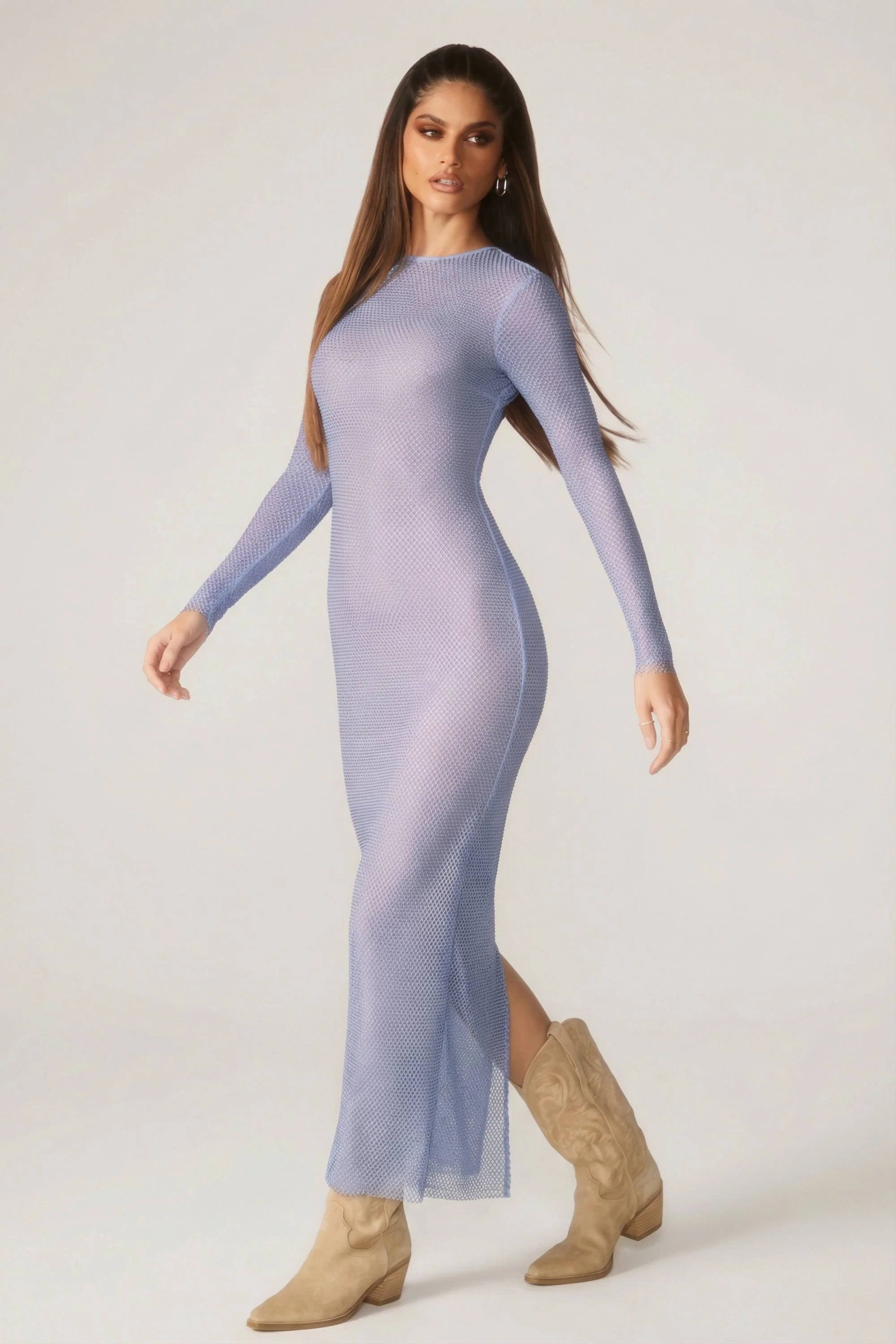 Embellished Long Sleeve Maxi Dress in Blue
