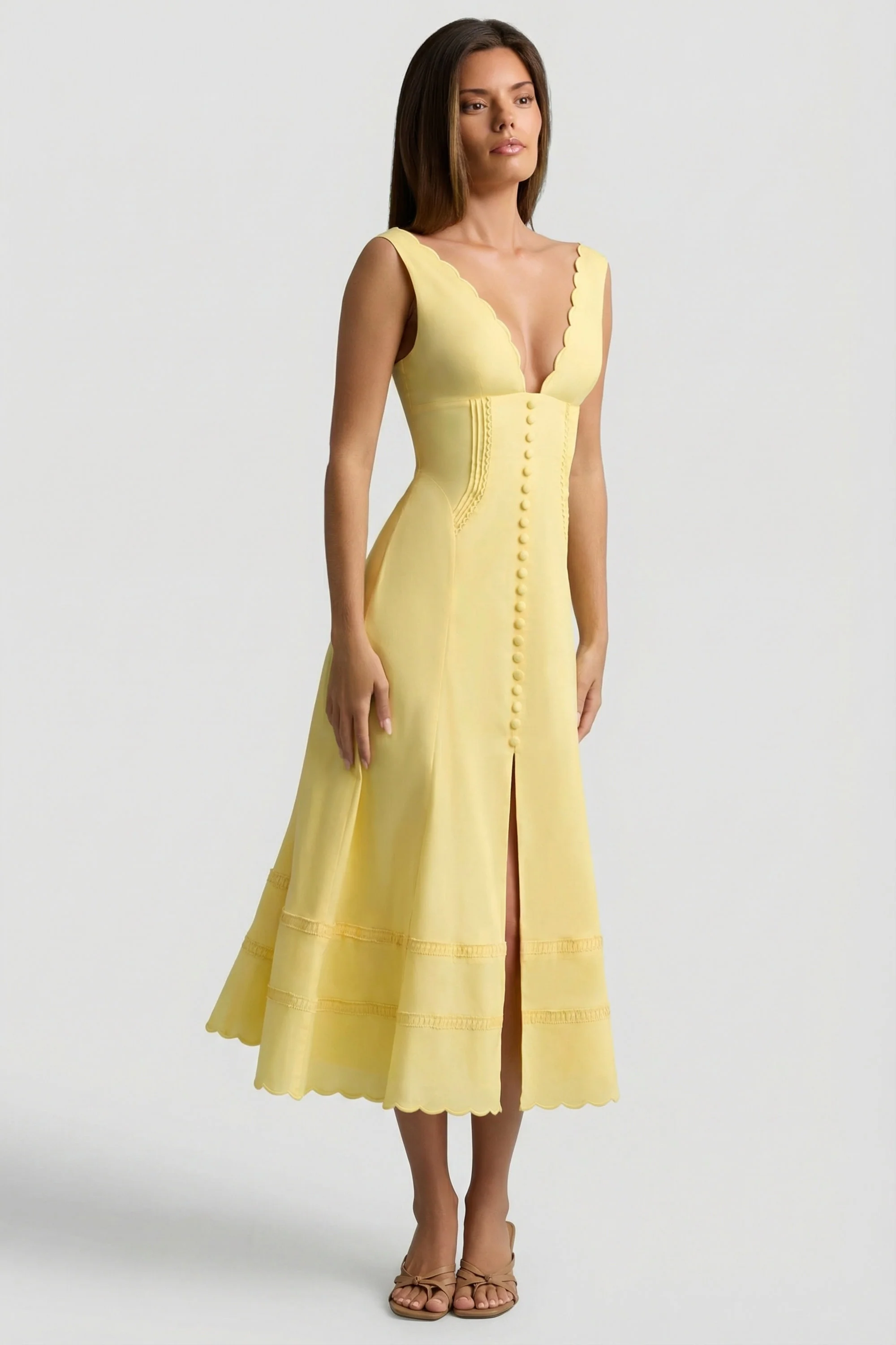 Cotton-Poplin A-Line Midaxi Dress in Pastel Yellow