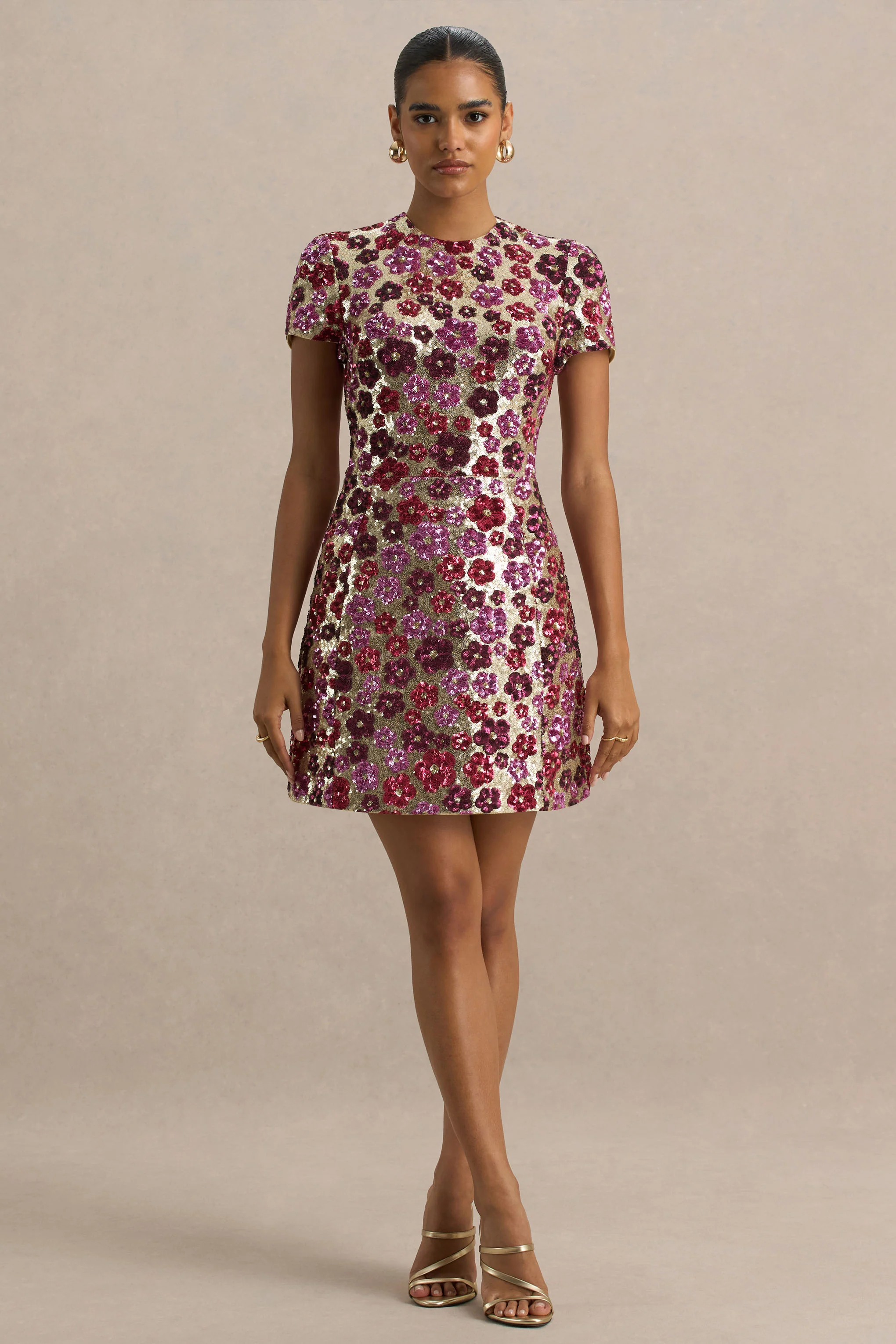 Eira | Pink Floral Embellished Sequin Crew-Neck Mini Dress