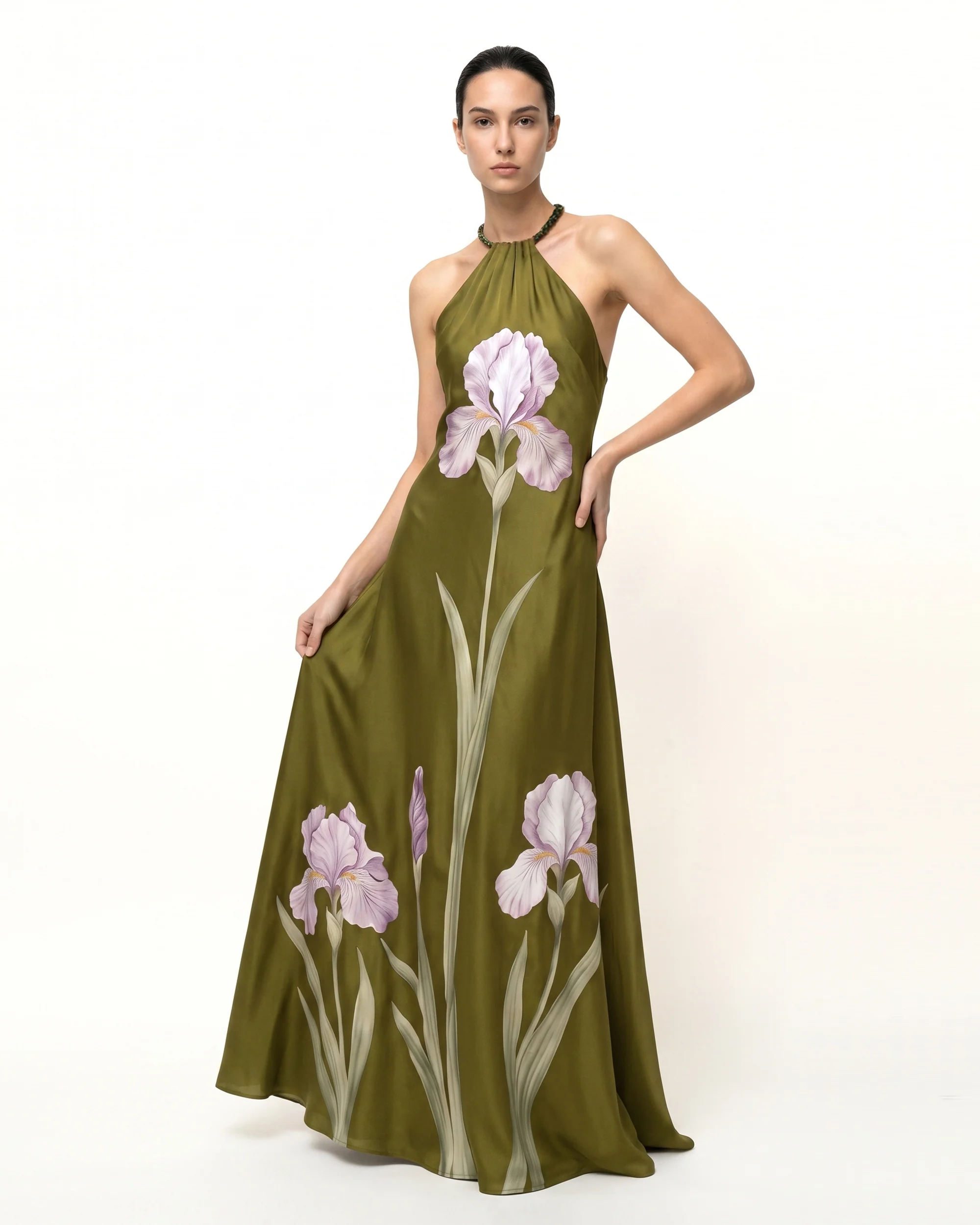 Iris Floral Print Halter Maxi Dress - Moss