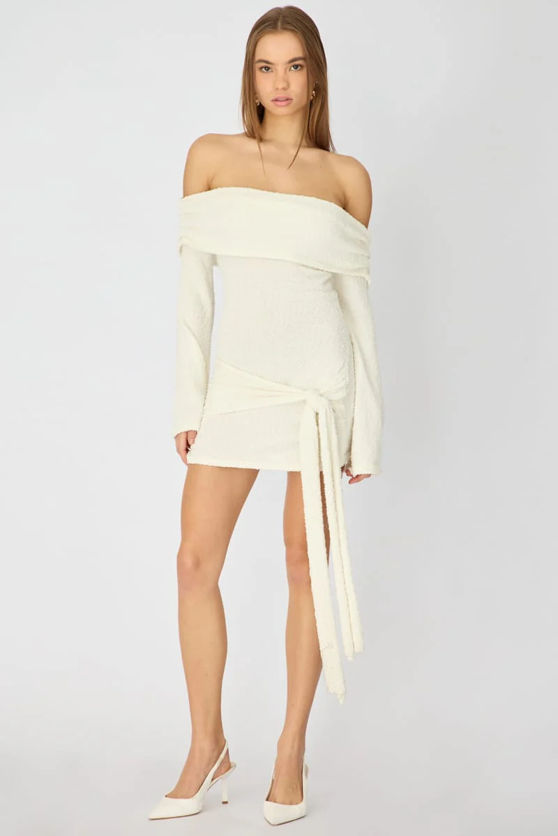 White Knitted Off Shoulder Tie Waist Mini Dress