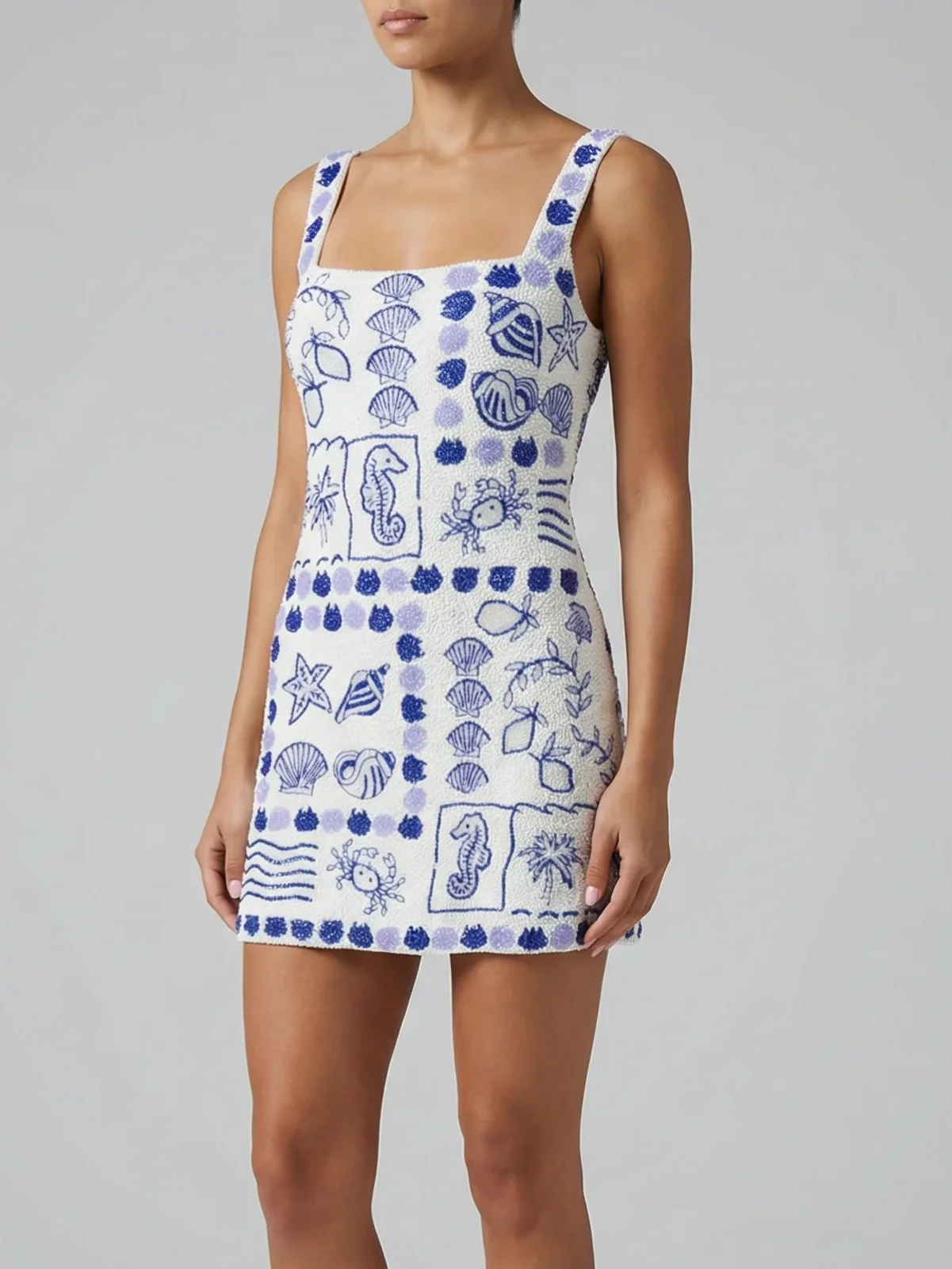 Marie Sea White Blue Beaded Mini Dress