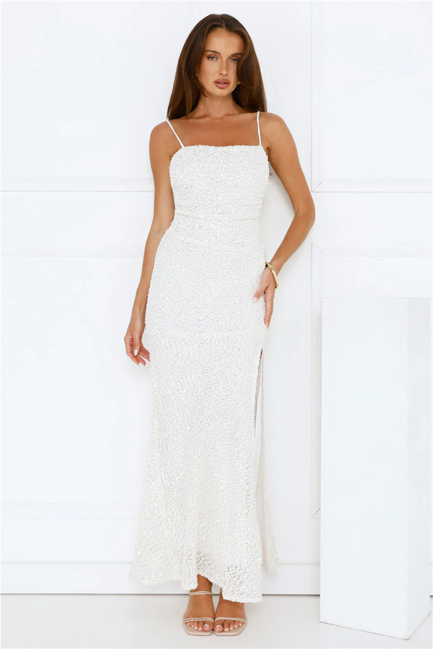 Love Wild Sequin Maxi Dress White - luluinthesky