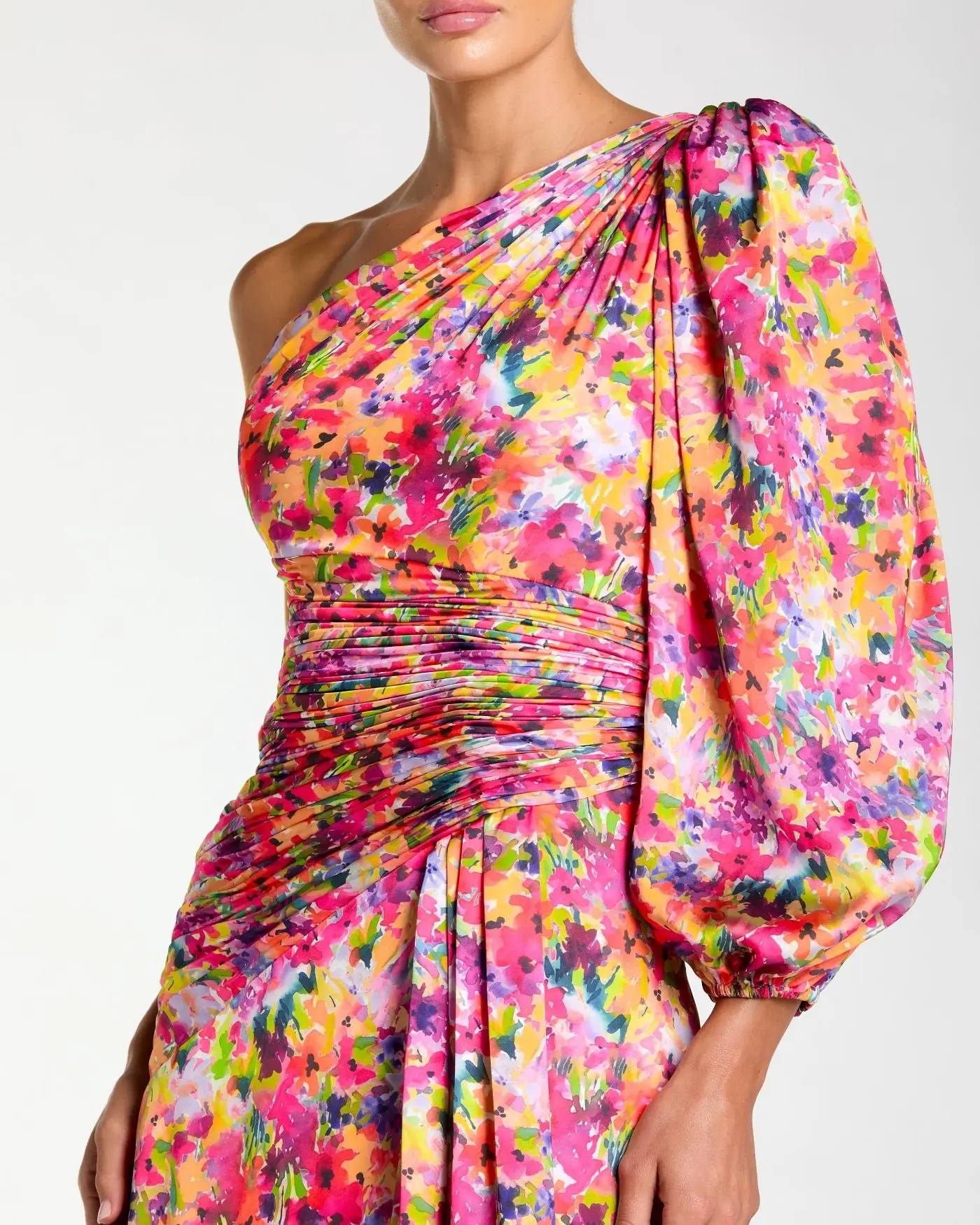 Multicolor Floral One Shoulder Charmeuse Gown With Slit