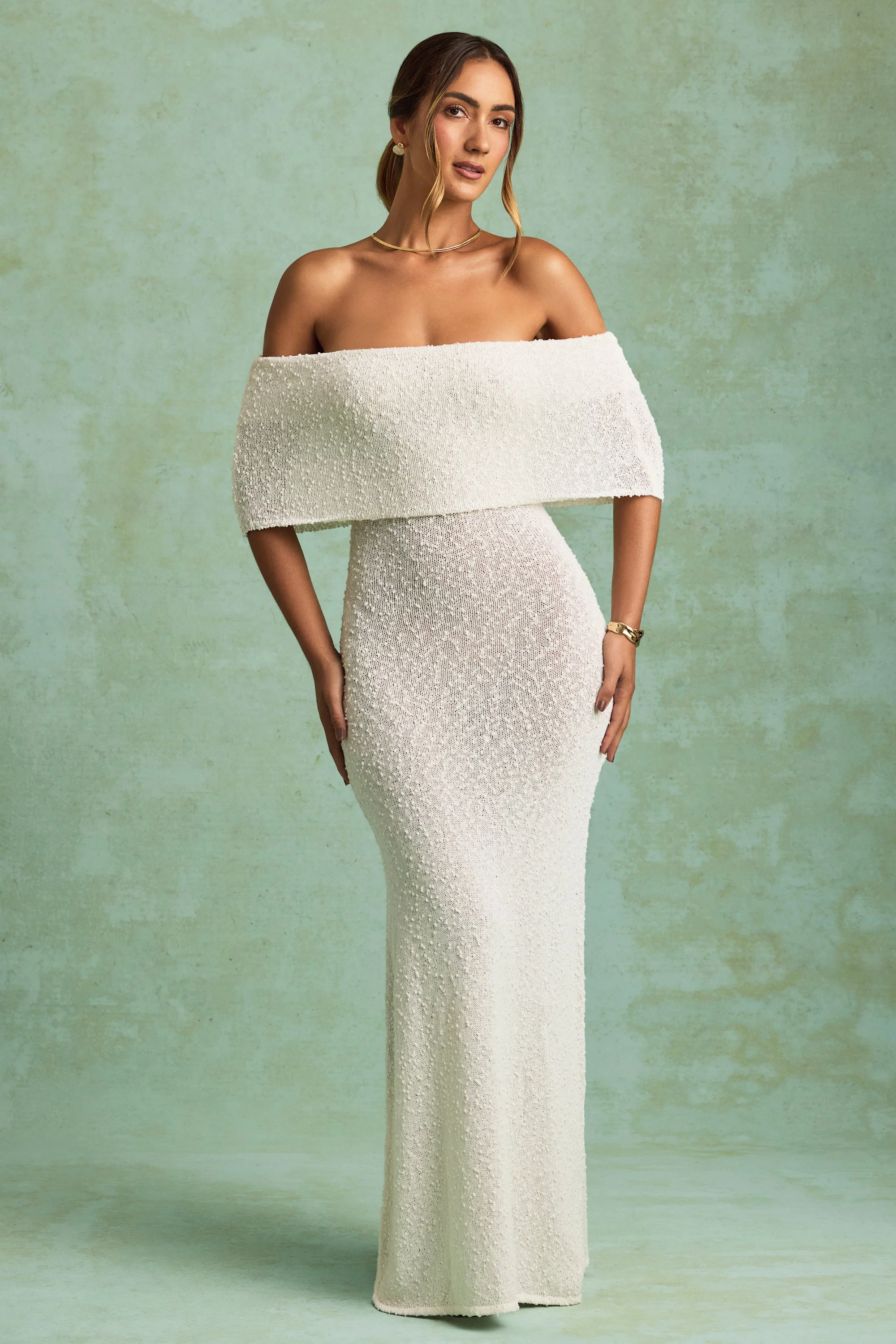 Bouclé Off-Shoulder Maxi Dress in White