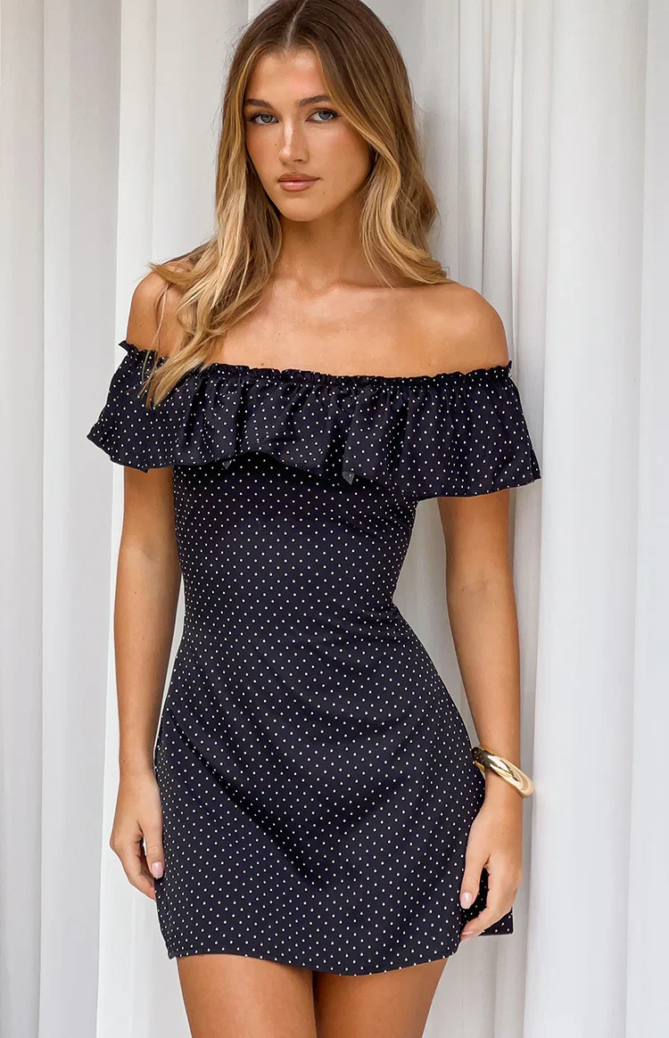 Haylie Black Polka Dot Off Shoulder Mini Dress