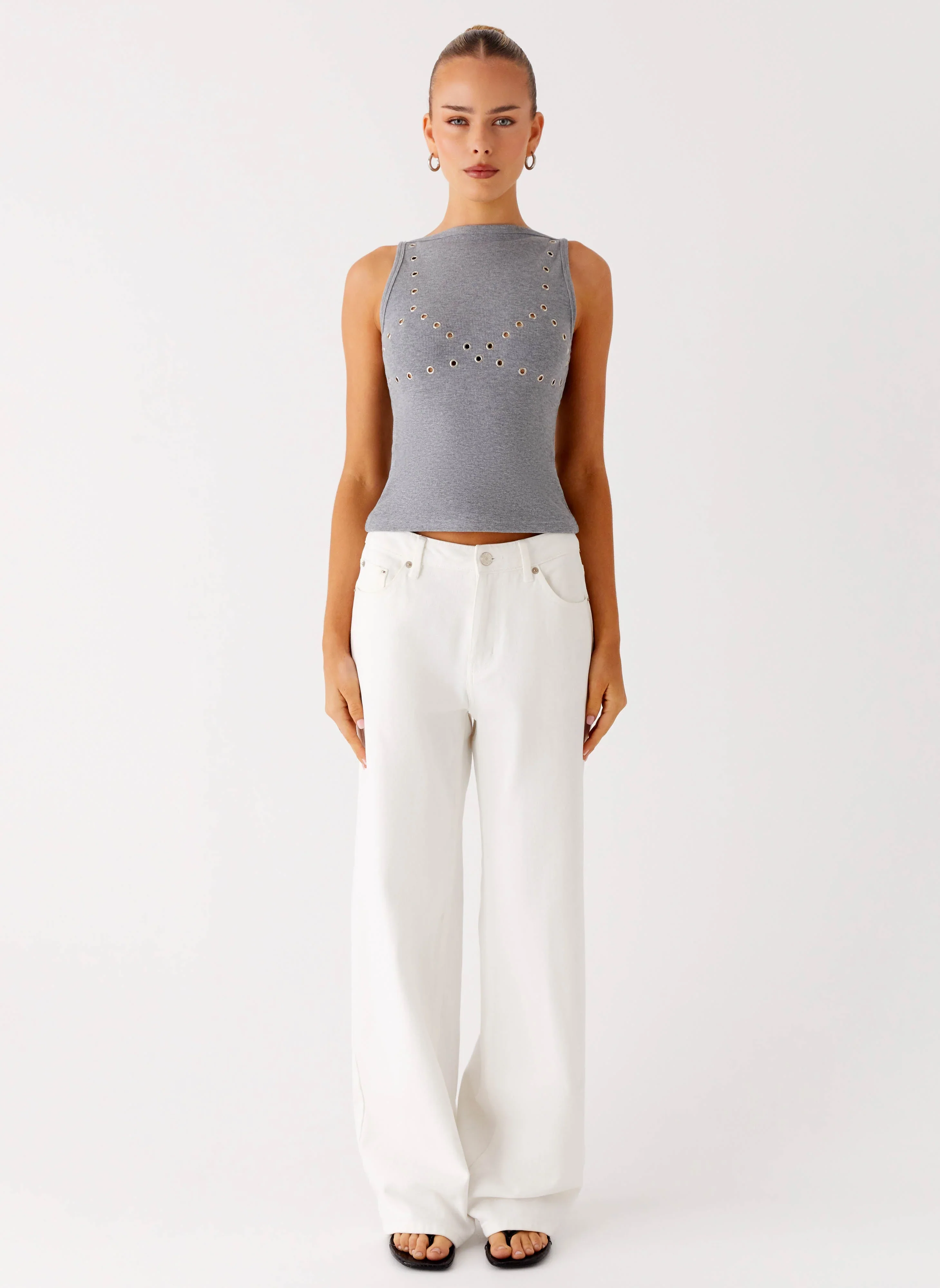 Drop Top Ribbed Eyelet Tank Top - Marle Grey