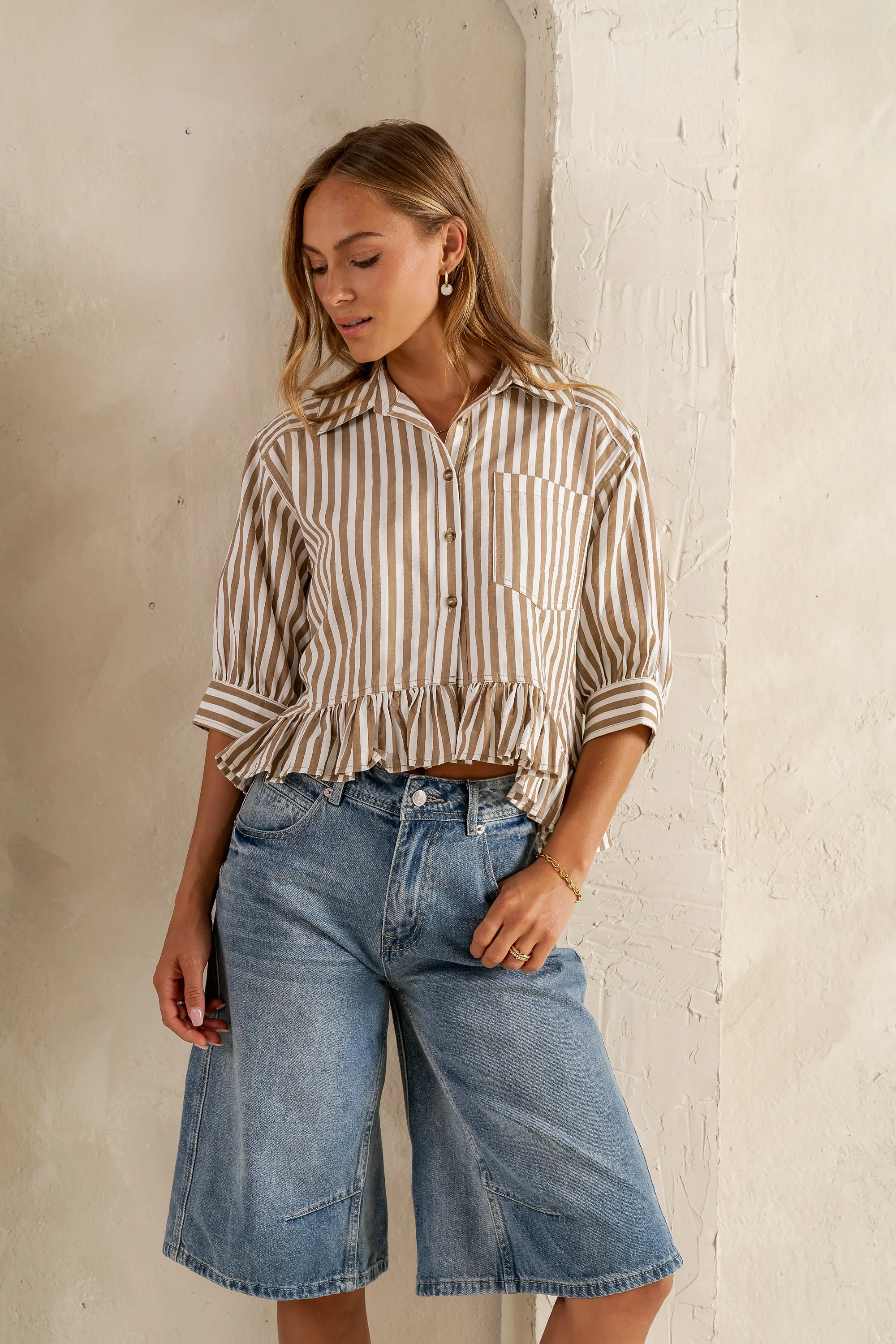 Avery Striped Blouse in Tan