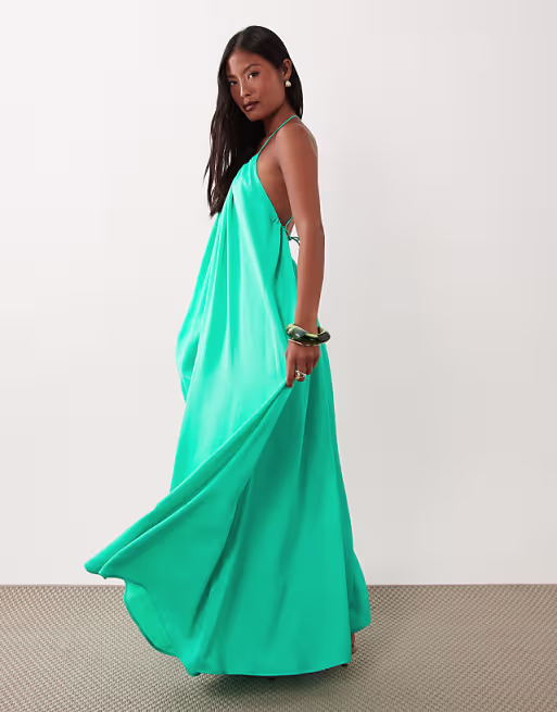 Petite trapeze scoop neck full hem maxi dress with bead detail back in aqua