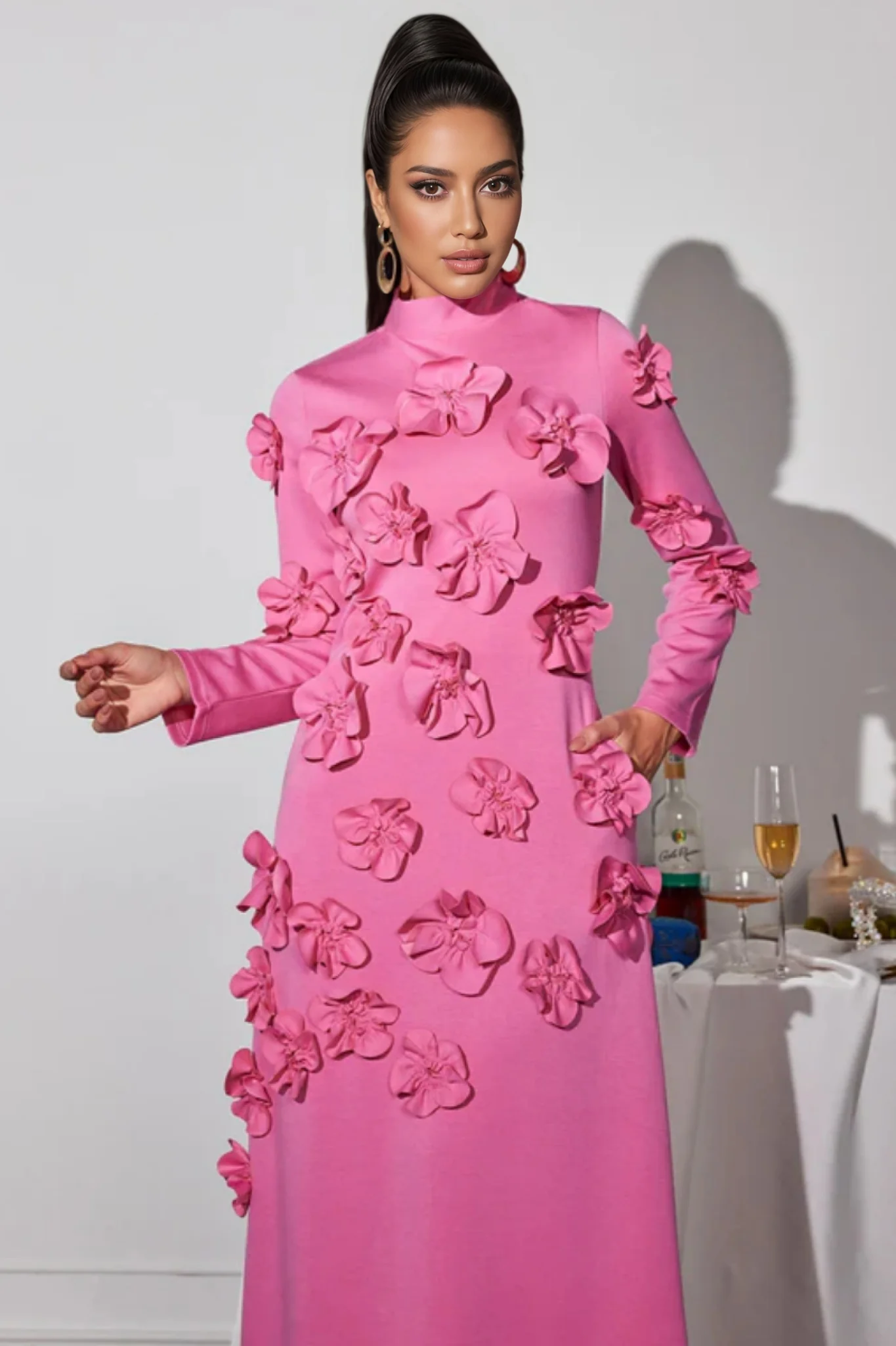Halcyon Pink Flower Embellished Long Sleeves Maxi Dress