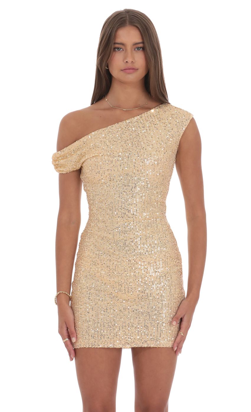 Off Shoulder Sequin Bodycon Dress in Gold