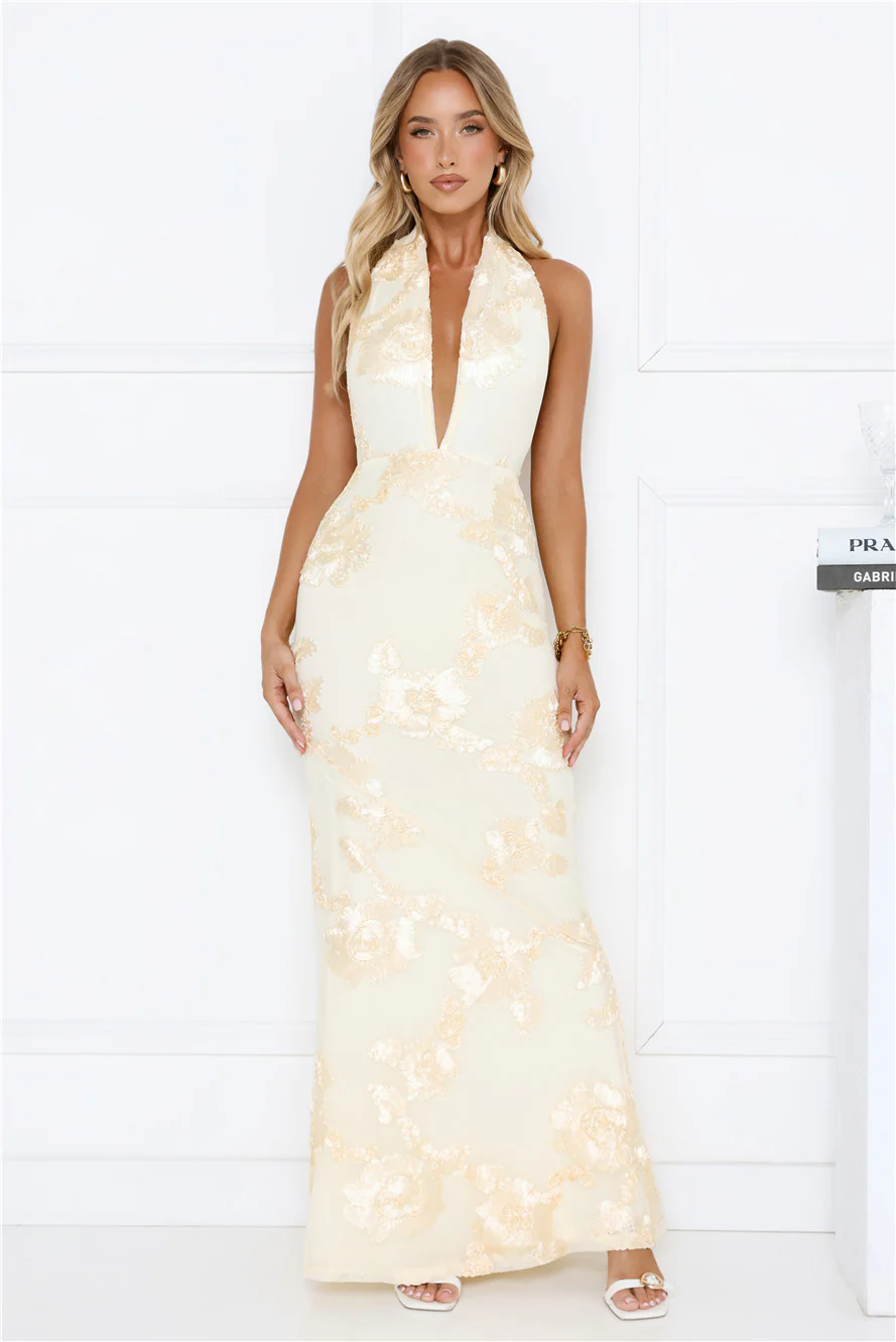 Daydream Kiss Halter Mesh Maxi Dress Yellow