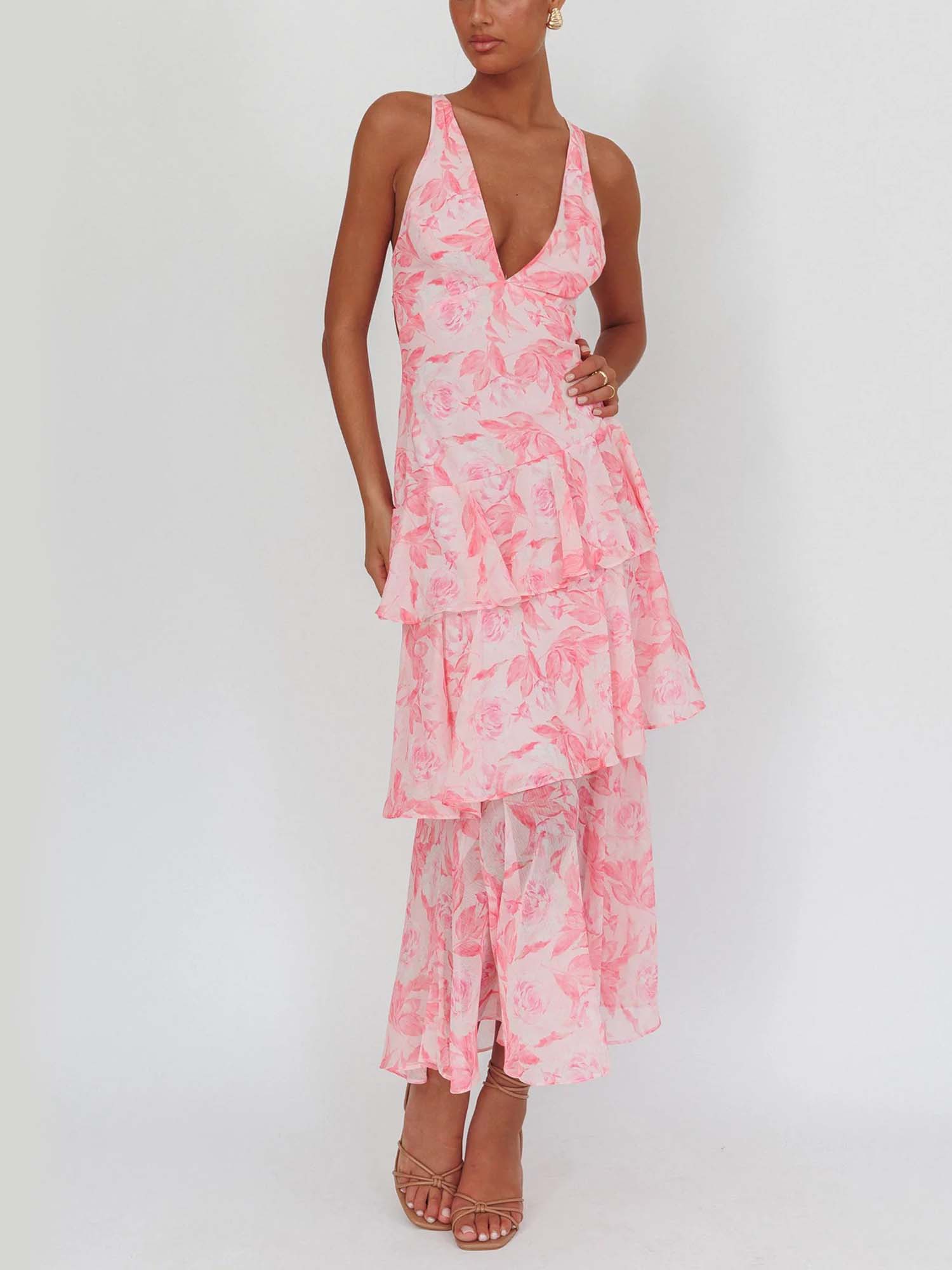 Pink Ruffled Tiered Maxi Dress